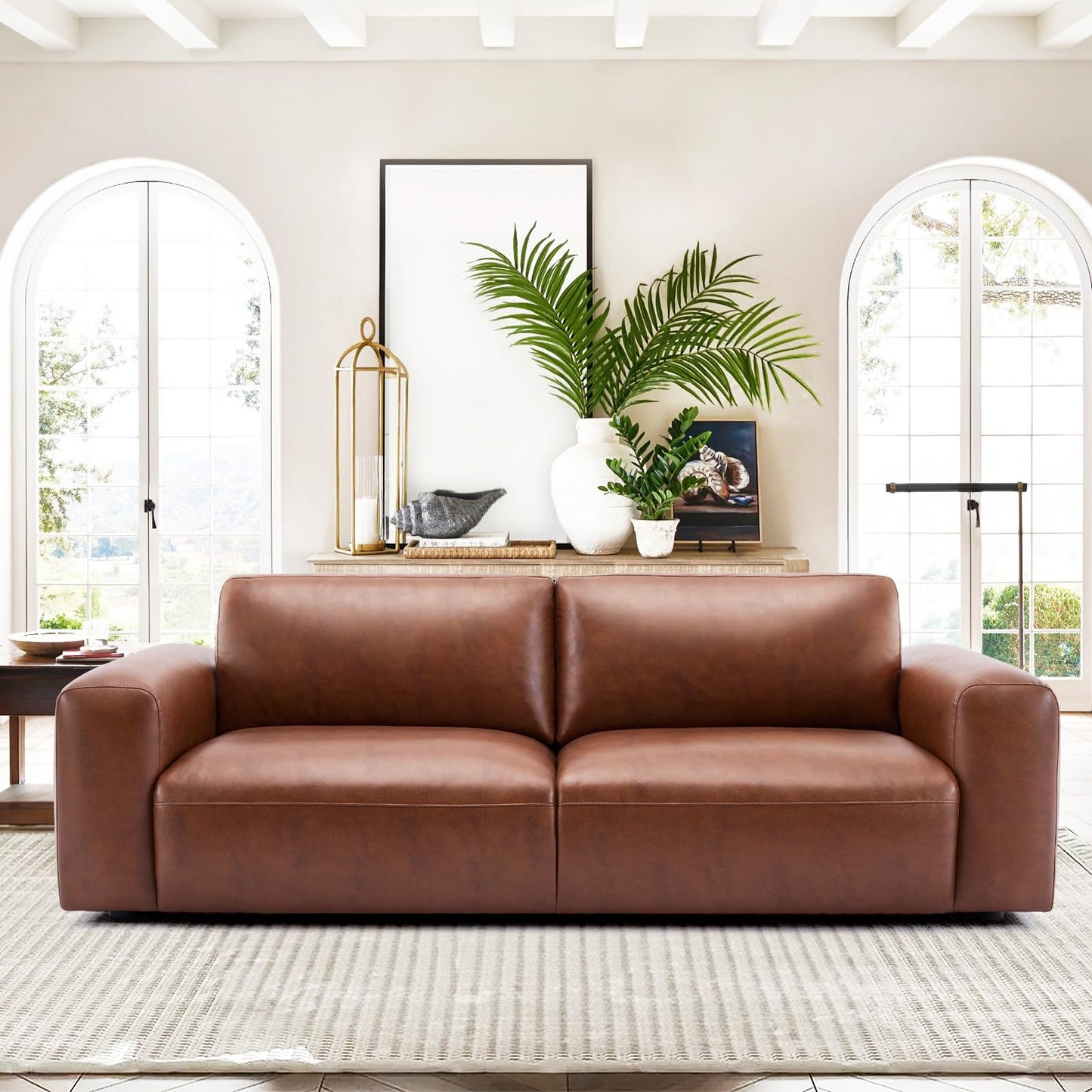 COLAMY PU Leather Sofa Couch, 95" Oversized Sofa Loveseat for Living Room, Comfy Love Seat Couch with Extra Deep Seats, Wide Arm, Down Filled 3-Seater Modern Sofa for Apartment/Lounge/Bedroom-Auburn