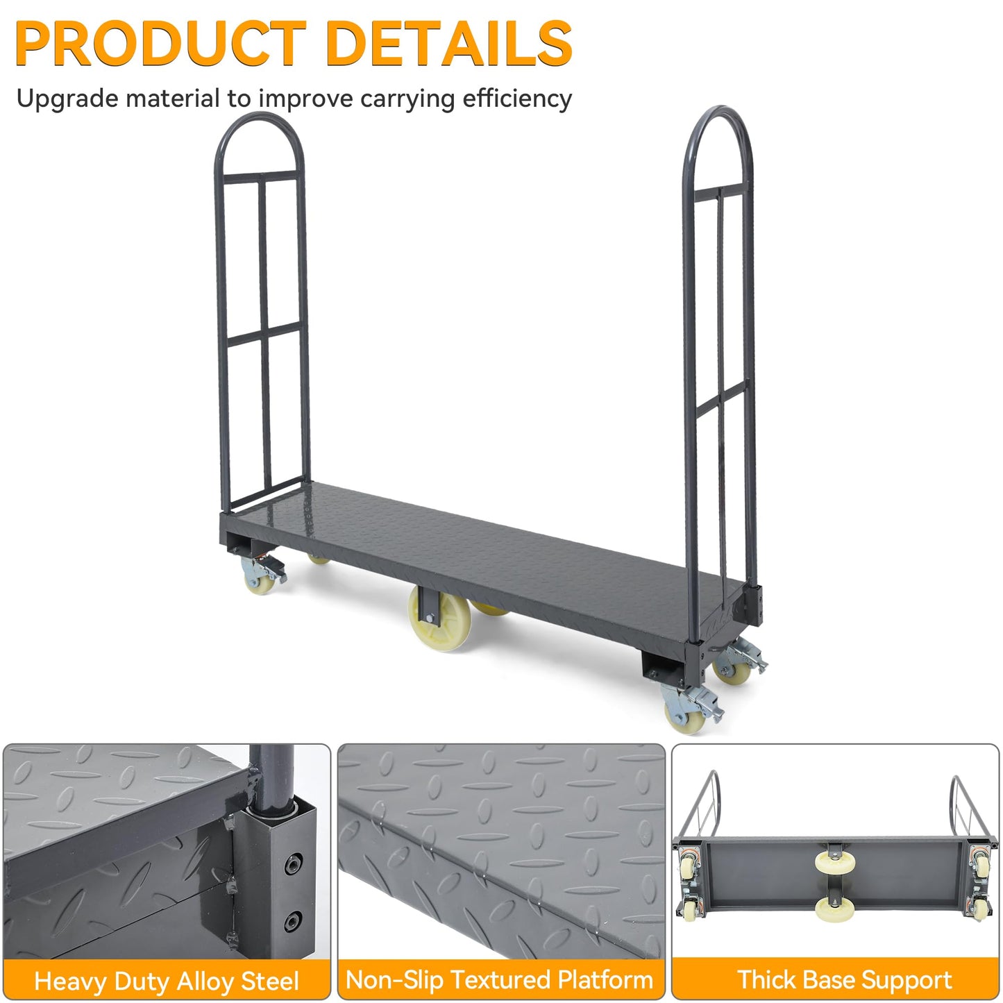 YINTATECH 2000lbs Heavy-Duty U-Boat Cart, 63"*15.75"*60.8" U Boat Platform Dolly with 6 Casters(4 Swivel Wheels with Brake & 2 Solid Wheels) for Garage,Warehouse,Household