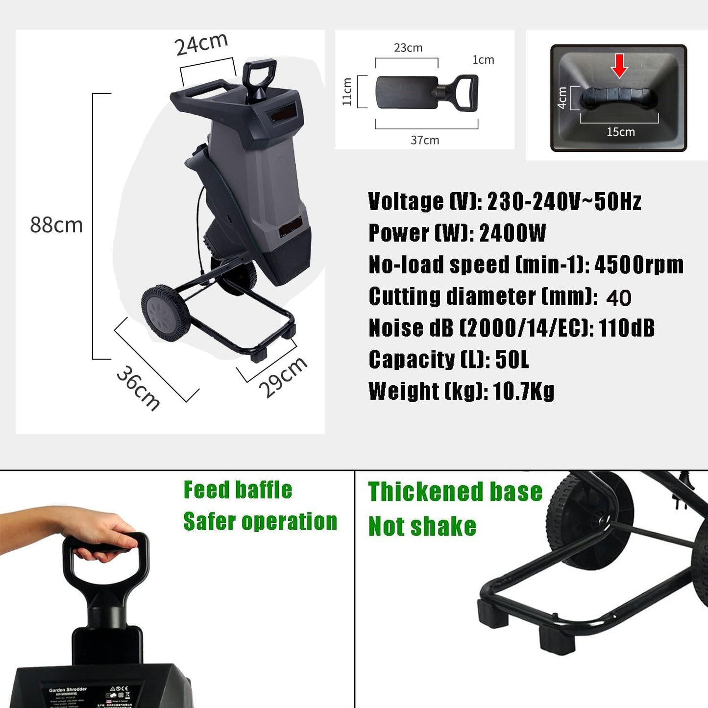 JOSBY 4500rpm Portable Wood Chipper, 2400W Garden Leaf Shredder with 50L Collection Bag&30m Power Cord, 110V/220V Electric Branch Crusher, Overload Protection Switch&Safety Knob, for Courtyard, Park