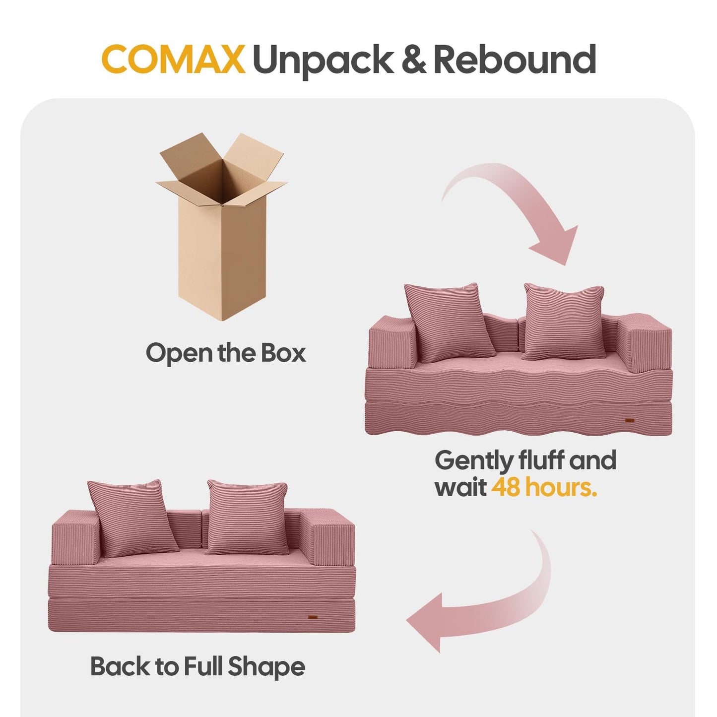 COMAX Futon Sofa Bed, 4‑in‑1 Convertible Sofa Bed, Folding Boneless Couches for Living Room, Fold Out Small Foldable Loveseat Floor Sleeper Comfy Mattress Lounge Space‑Saving, Pink