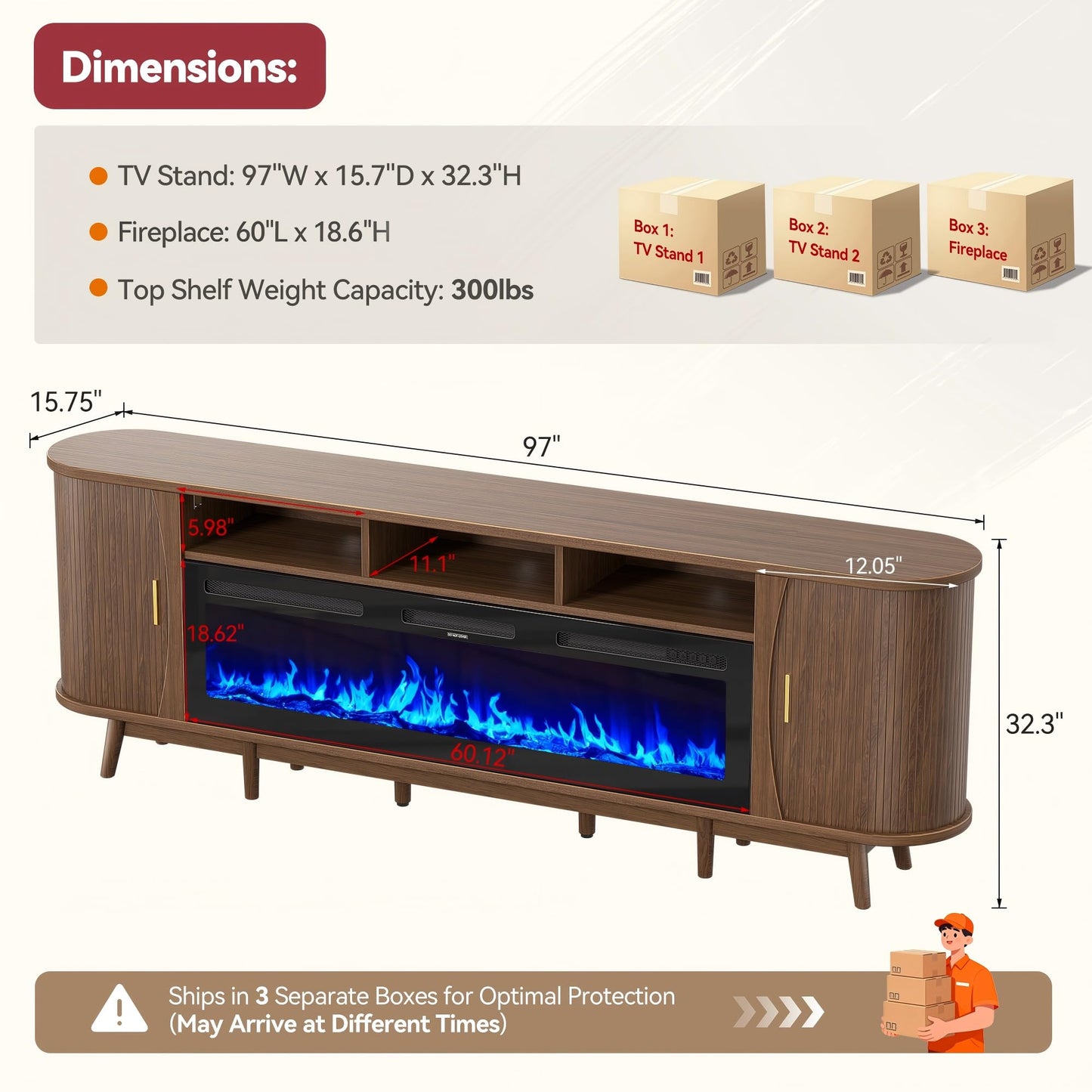 OneBlis 97" Fireplace TV Stand for 100" TV, Mid Century Modern Entertainment Center with 60" Electric Fireplace, Media Console with Sliding Doors & Adjustable Shelves for Living Room, Walnut