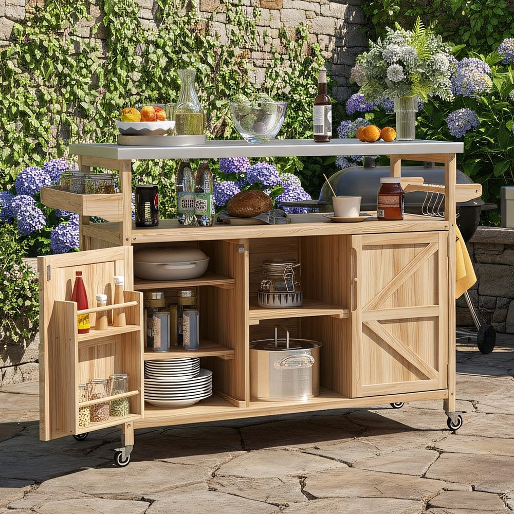 Merax 50" Outdoor Kitchen Grill Cart Island on Wheels with Stainless Steel Top,Farmhouse Style Solid Wood Frame Storage Cabinet for Patio