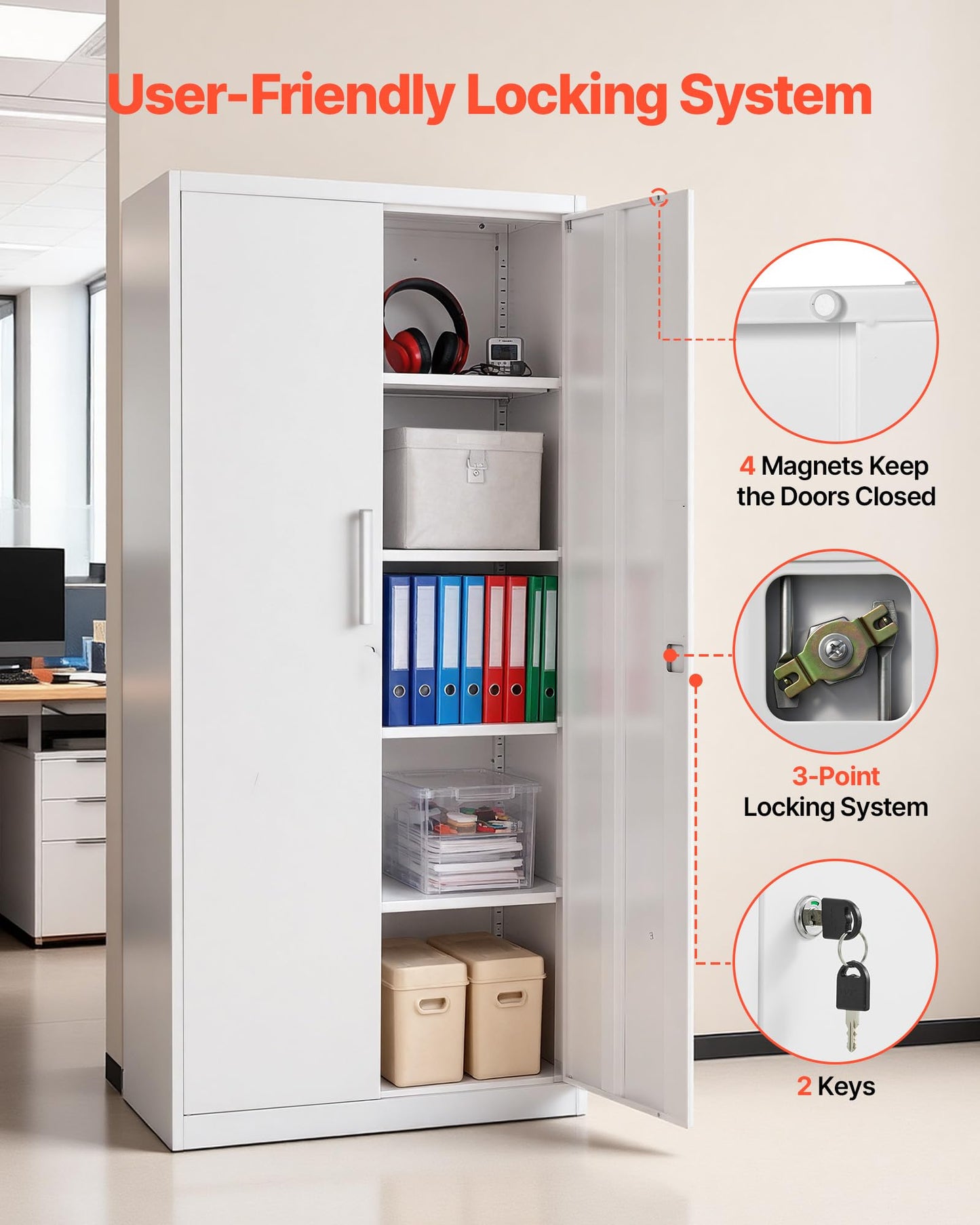 VEVOR Metal Storage Cabinet, Lockable Steel Garage Cabinet with Adjustable Shelves, 2 Magnetic Doors, 2 Keys, 5-Tiers Tool Storage Locker for Home, Office, School, Warehouse, Basement, Laundry, White