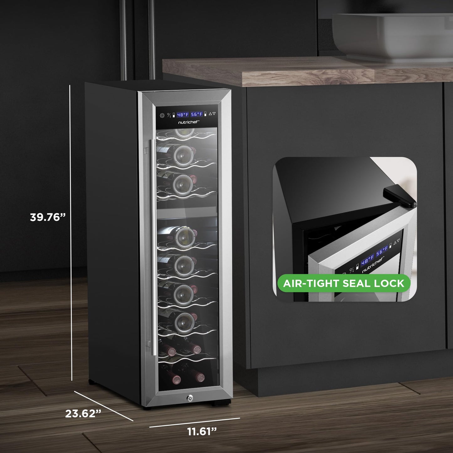 NutriChef 24 Bottle Wine Fridge | Dual Zone Wine Chiller | Adjustable Temperature 41°F to 64°F | Ultra Quiet Operation | Wine Cooler For Home, & Office | Free Standing 39x11x23 IN (Black)
