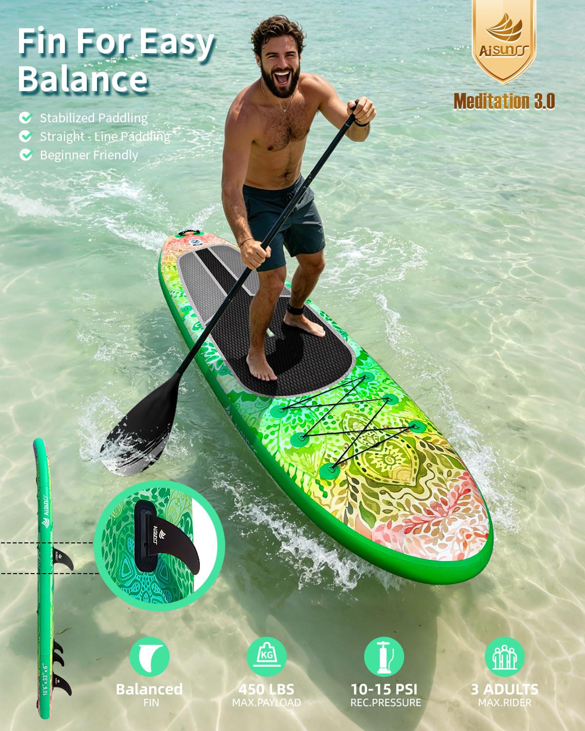 AISUNSS Inflatable Stand Up Paddle Board, 10'6"×33"×6" Extra Wide Stable SUP Board for Adults, Non-Slip Deck ISUP with High-Tracking Center Fin, Complete Paddleboard Kit (Green Meditation)