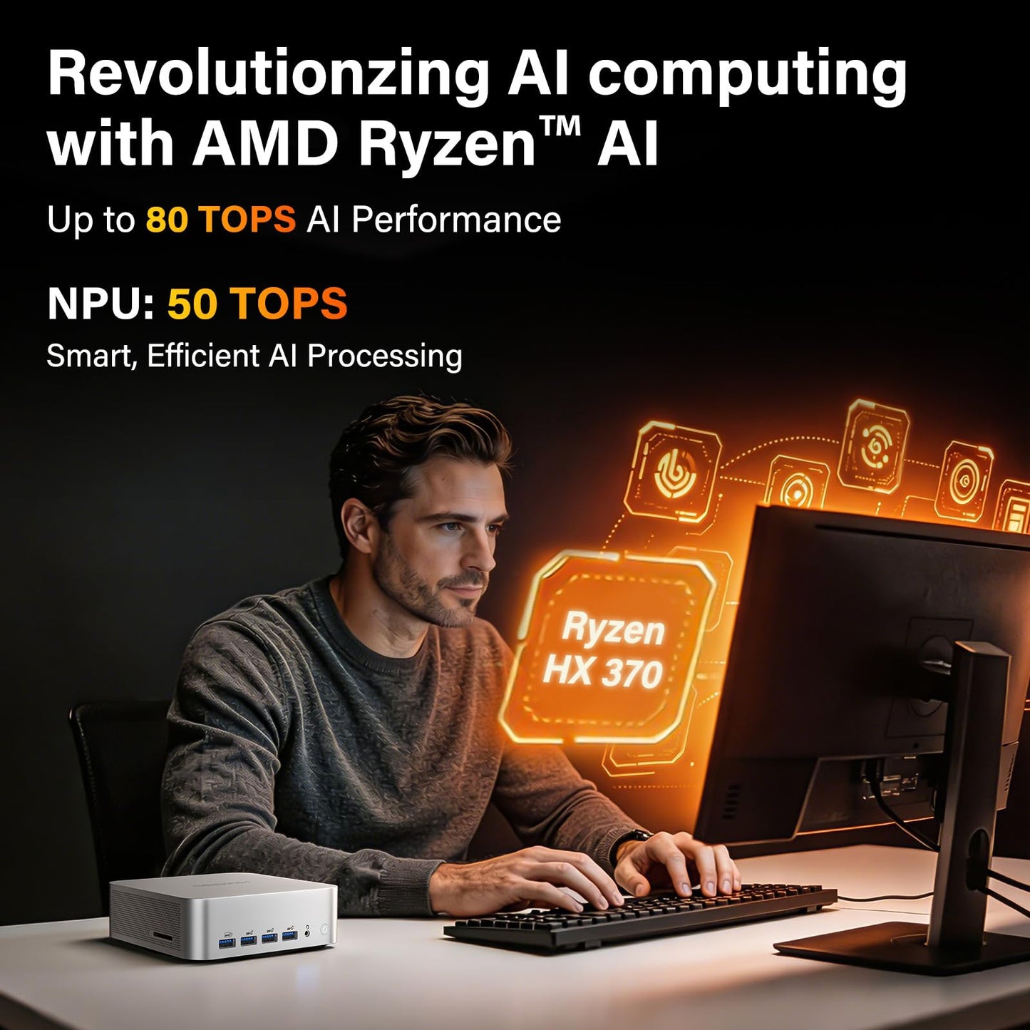 GEEKOM A9 Max High AI Productivity Mini PC,AMD Ryzen AI 9 HX 370(80 Tops)|DDR5|1TB SSD+32GB RAM|Copilot+ PC|Win 11 Pro|WiFi 7|BT 5.4|USB4.0|HDMI 2.1|8K Video Editing|for Business&Gaming＆3D Rendering