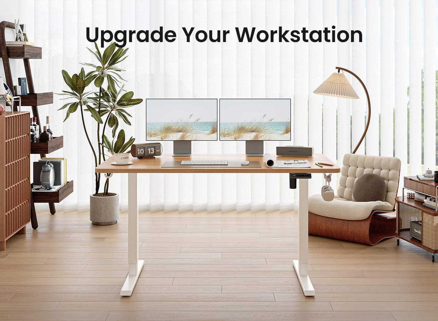 BANTI 55 × 28 Inches Standing Desk, Ergonomic, Electric Height Adjustable, Sit and Stand Up, Computer Desk with a Deeper Desktop, White Frame/Light Rustic Top