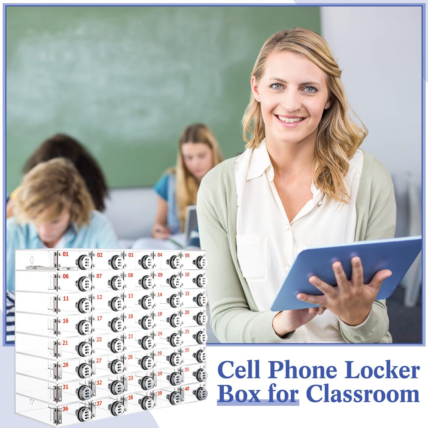 Reallnaive 40 Slots Cell Phone Locker Box with Combination Lock, Clear Acrylic Cell Phone Storage Cabinet Bin, Wall Mounted, for Classroom School Students Office Factory Employees
