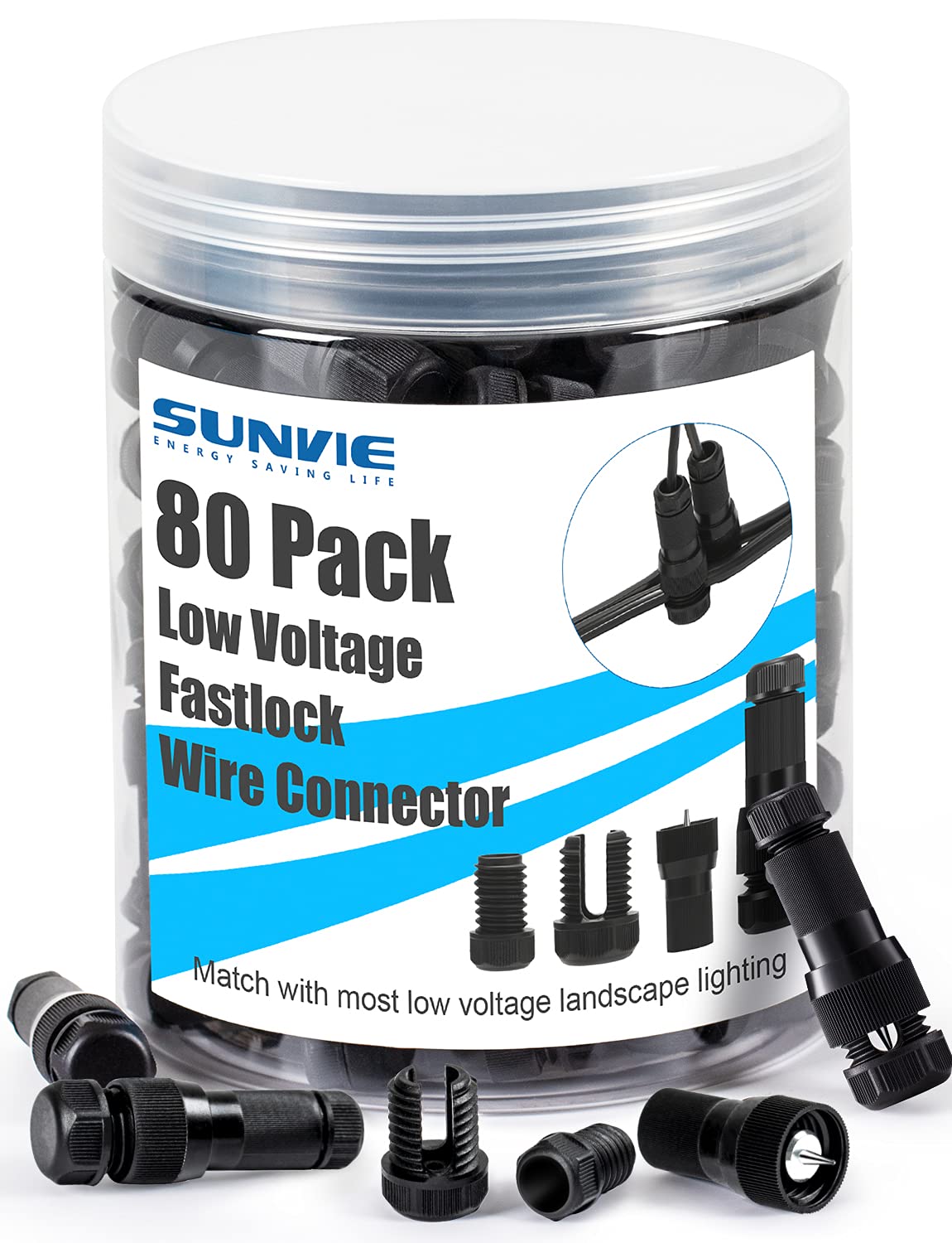 SUNVIE Landscape Lighting Connectors, Waterproof, 12-16 Gauge, 80 Pack, Black, Model 603977462804