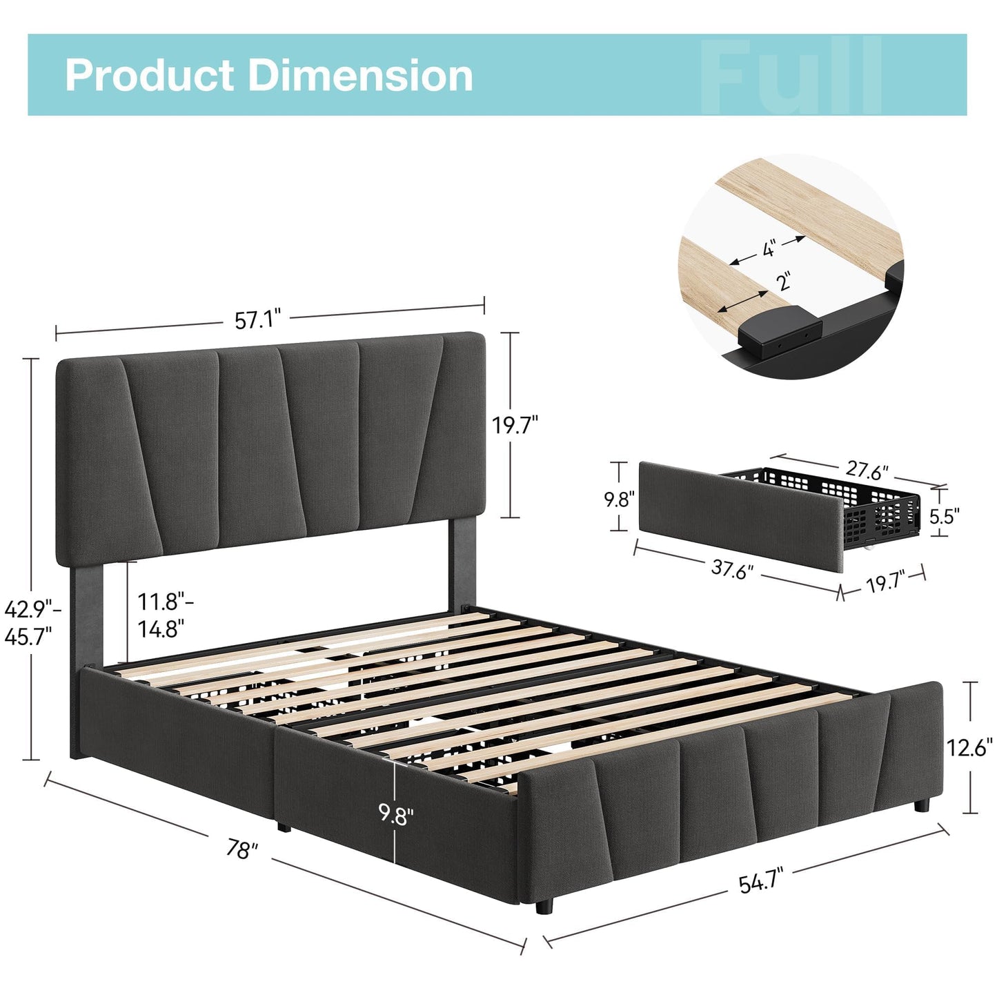 Queen Size Bed Frame with Upholstered Headboard & 4 Storage Drawers with Wheels, Platform Bed Frame with Wooden Slat Support, Adjustable Headboard, No Box Spring Needed, Noise-Free, for Bedroom