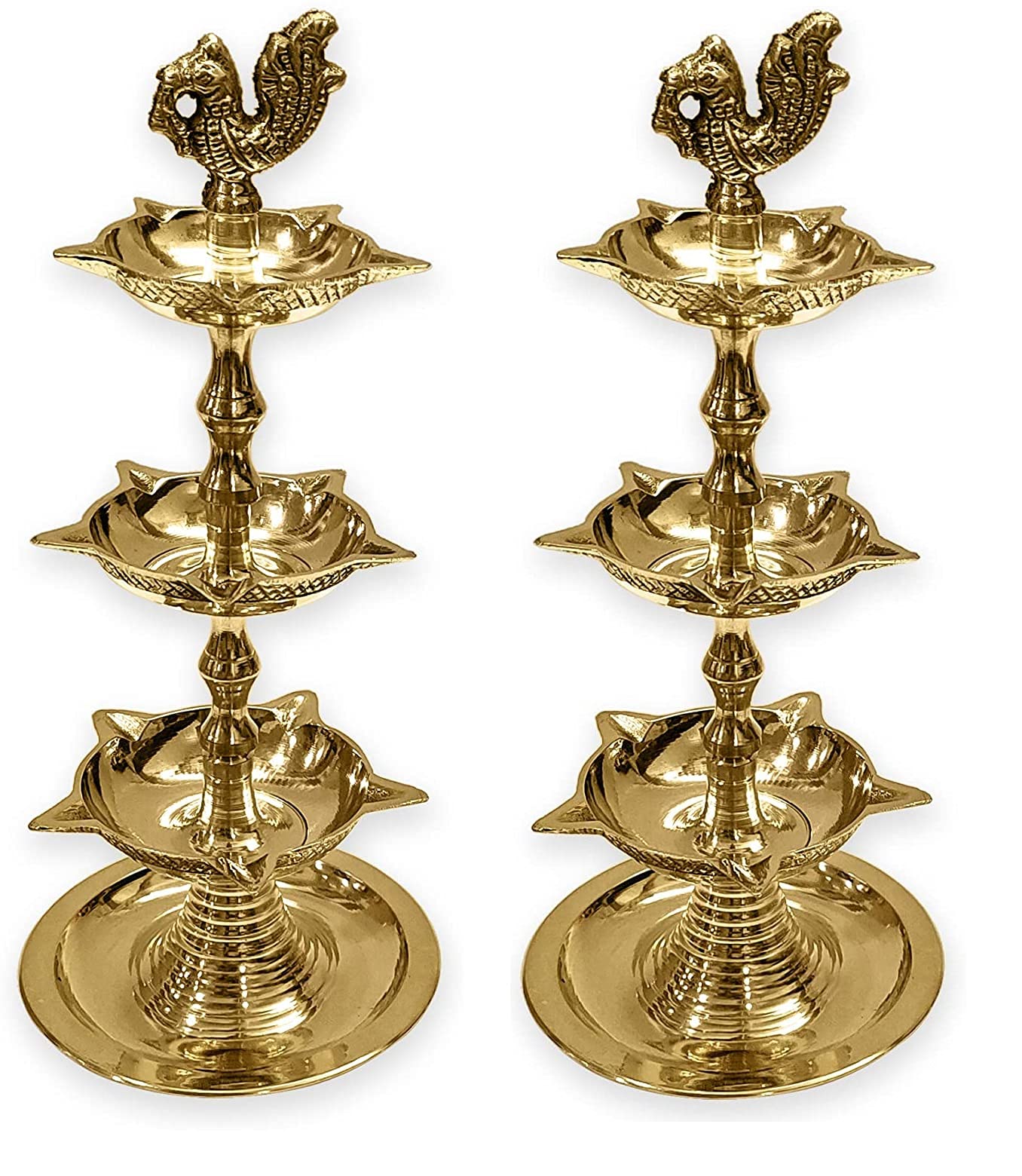 Craftsman Brass Kerala Samai Diya - 3 Step Adjustable Oil Lamp, Peacock Design, Gold, 8.5 inch - Traditional Pooja Deepak for Diwali