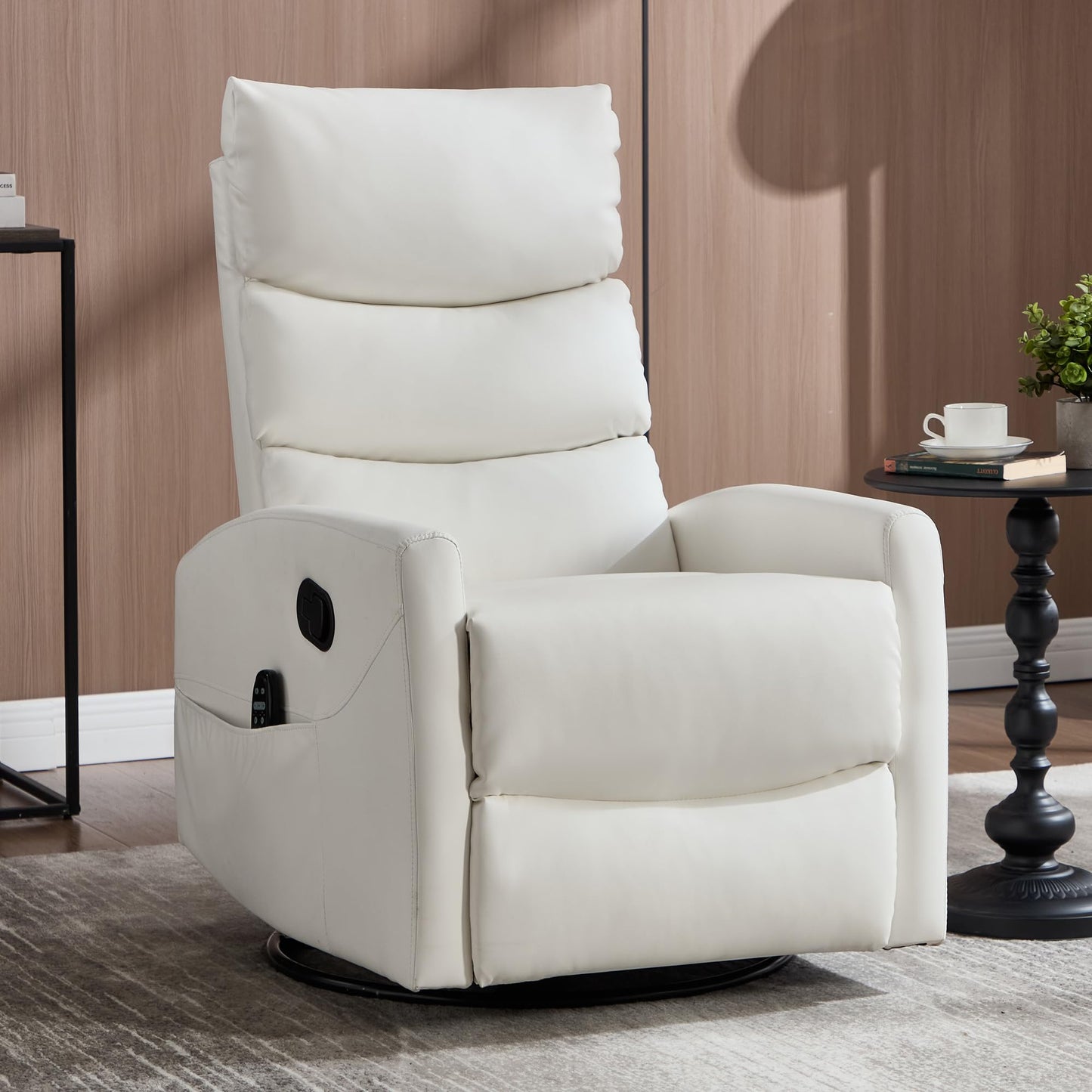 KEIKI 4-in-1 Manual Swivel Rocker Recliner Chair for Home Living Room, Faux Leather Chair with Back Massager & Heat, Home Theater Seating with Lumbar Support, Cozy Reading Chairs for Adults, White