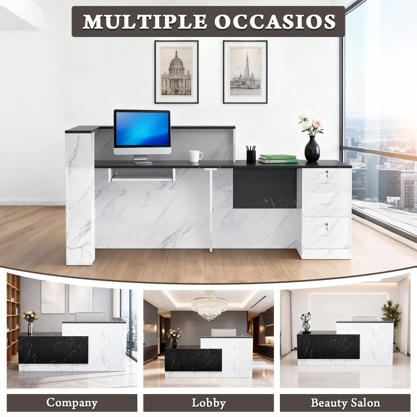 Exsunnyfit Reception Desk with Lockable Drawers, L-Shaped Large Wooden Modern Front Desk Reception Counter with Storage & Keyboard Tray, for Checkout/Lobby/Barber (Black/White Left, 71" L*42W*41H)