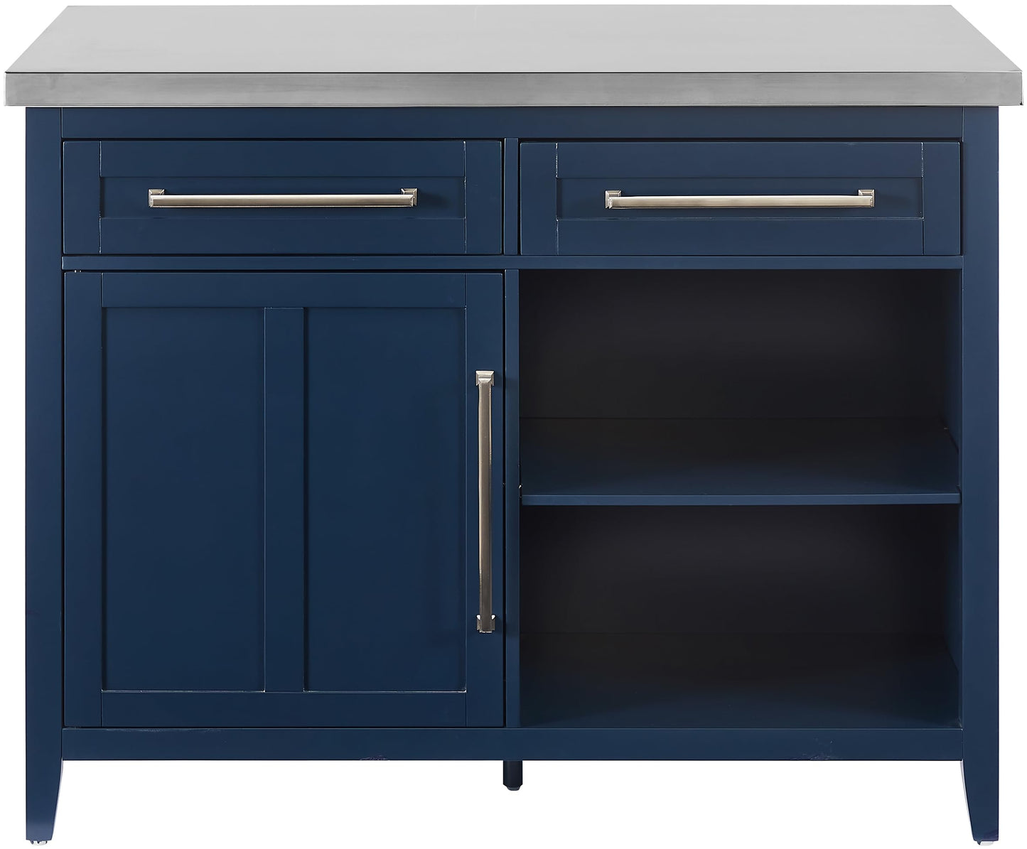 Crosley Furniture Silvia Stainless Steel Top Kitchen Island, Microwave Stand, Coffee Bar, with Shelves, Navy/Stainless Steel