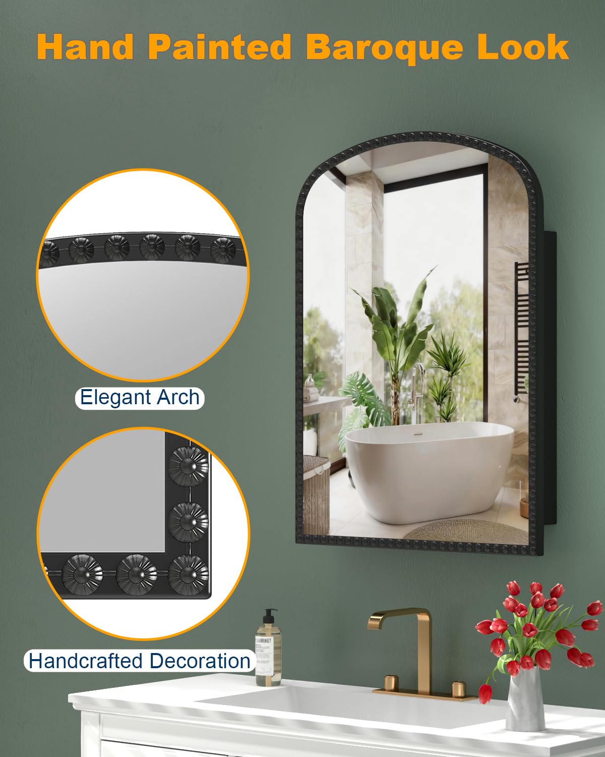 20"x28" Black Medicine Cabinet for Bathroom, Surface Mount or Recessed Medicine Cabinets with Storage and Arched Mirror , All-Metal Daisy Decor Frame, Includes 2 Adjustable Shelves and 1 Organizer