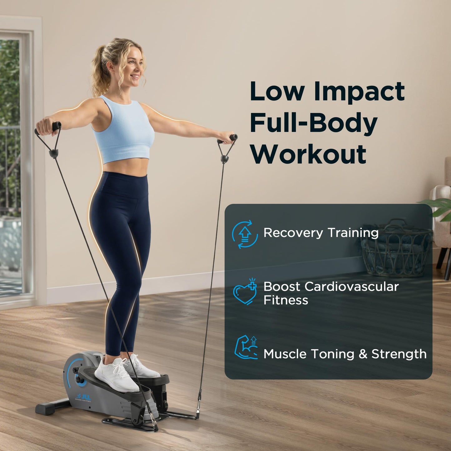 JLL Elliptical Exercise Machine, Compact Under Desk Pedal Exerciser & Trainer for Home Office, Magnetic 8-Level Resistance, Free Fitness App, with Resistance Bands