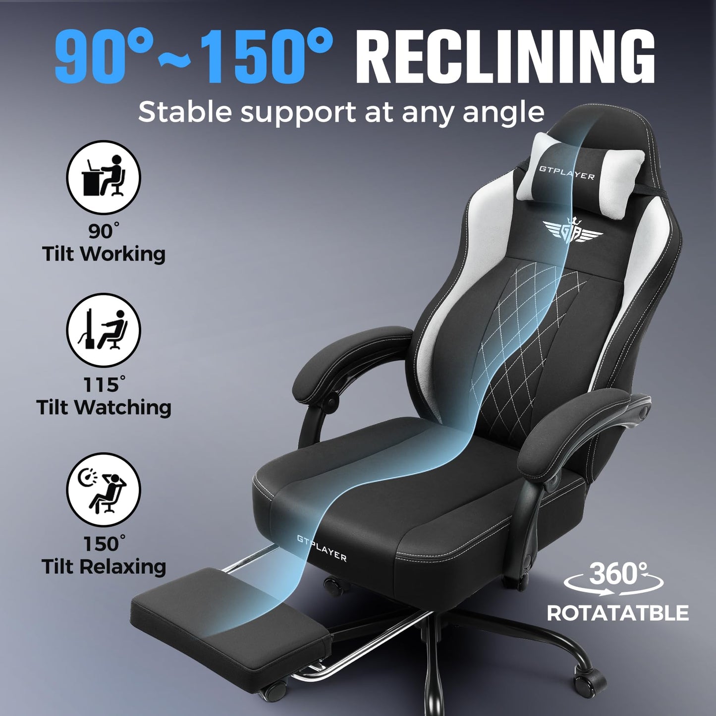 GTPLAYER Big and Tall Gaming Chair Breathable Fabric Computer Chair with Strong Lumbar Support, Comfortable Office Chairs with Pocket Spring Cushion, High Back Ergonomic Desk Chairs with Footrest