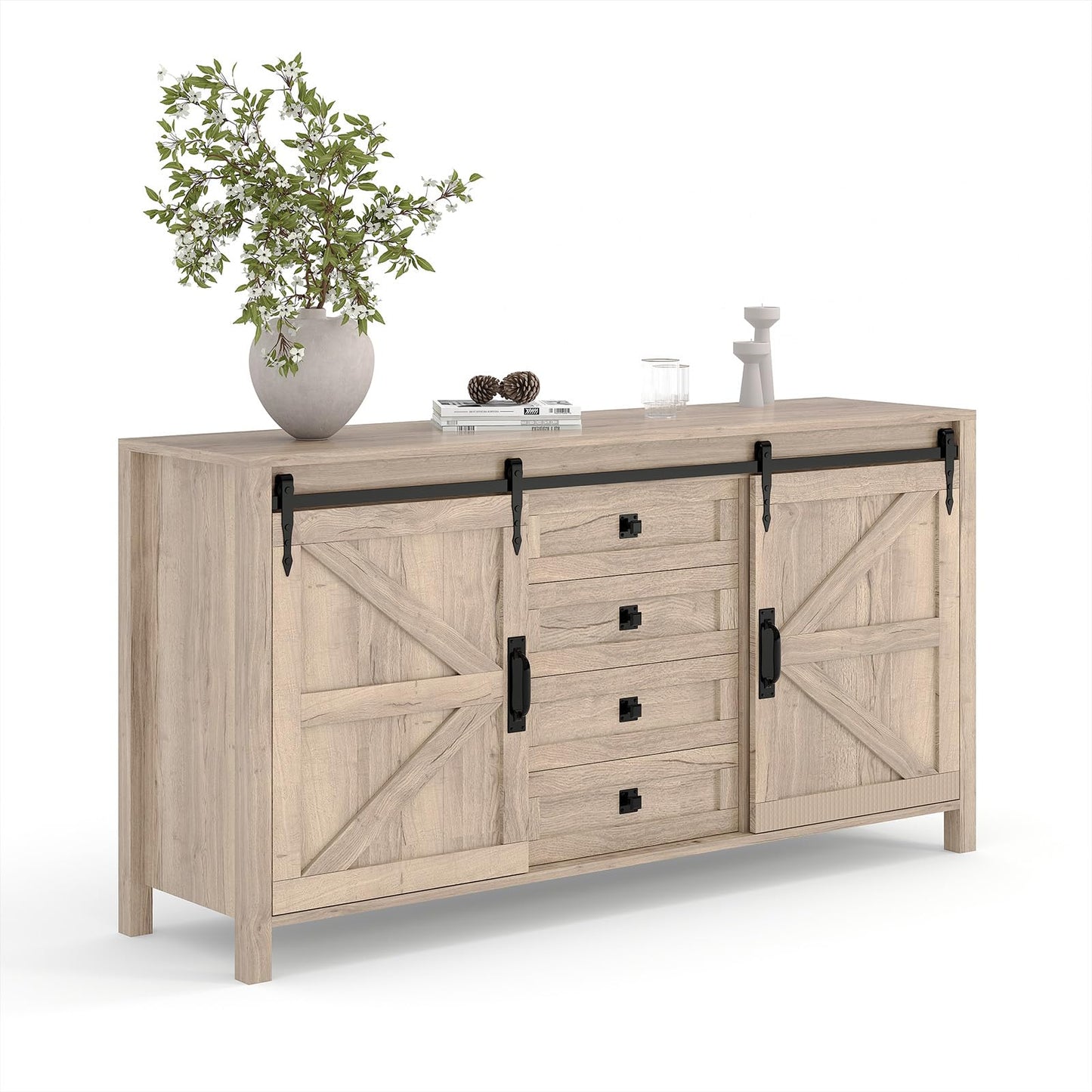 Garvee Farmhouse Sideboard Buffet Cabinet with Sliding Barn Doors & 4 Drawers, 60" Rustic Wood Kitchen Coffee Bar Storage Cabinet for Dining Room Living Room, TV Stand & Console Table