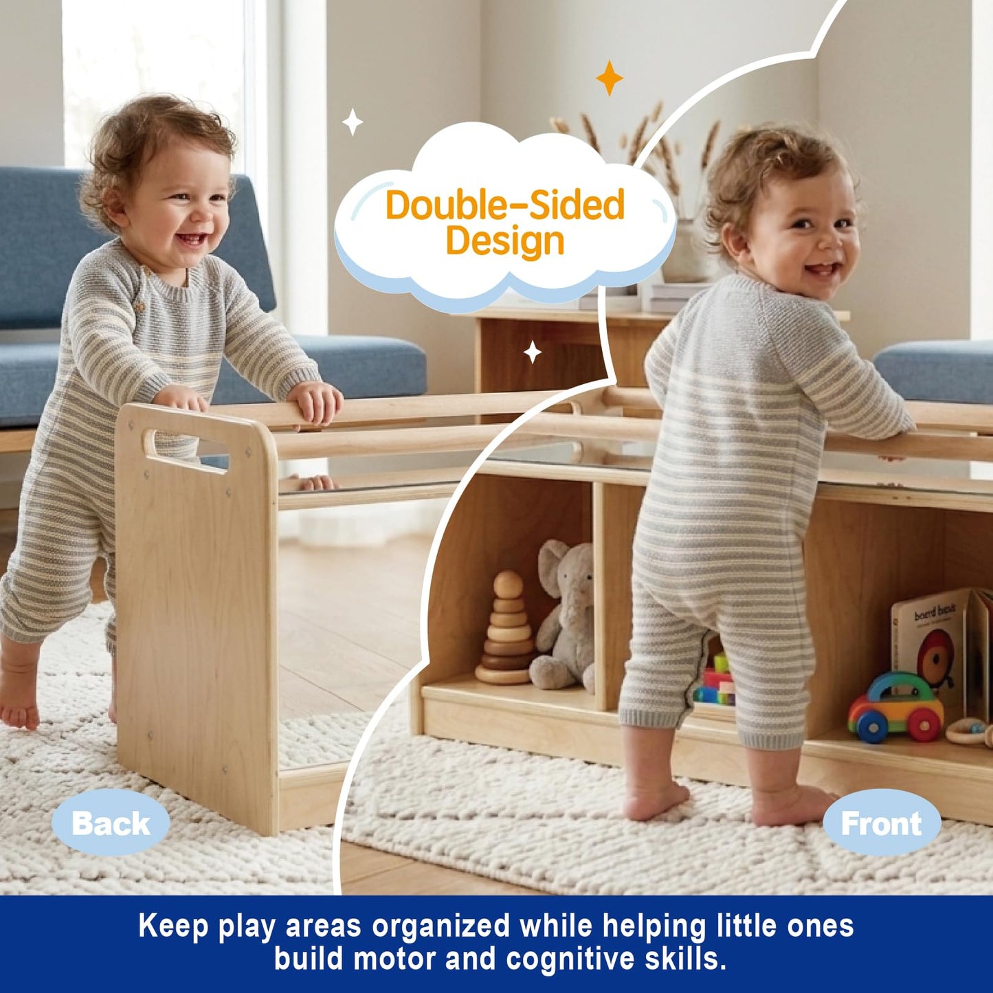 kidi house Montessori Shelf with Activity Top and Mirror, Birch Plywood Toy Storage Cabinet, Wooden Toddler Tummy Time Furniture for Home, Daycare Cubbies, Preschool, Playroom, Nursery, Kindergarten
