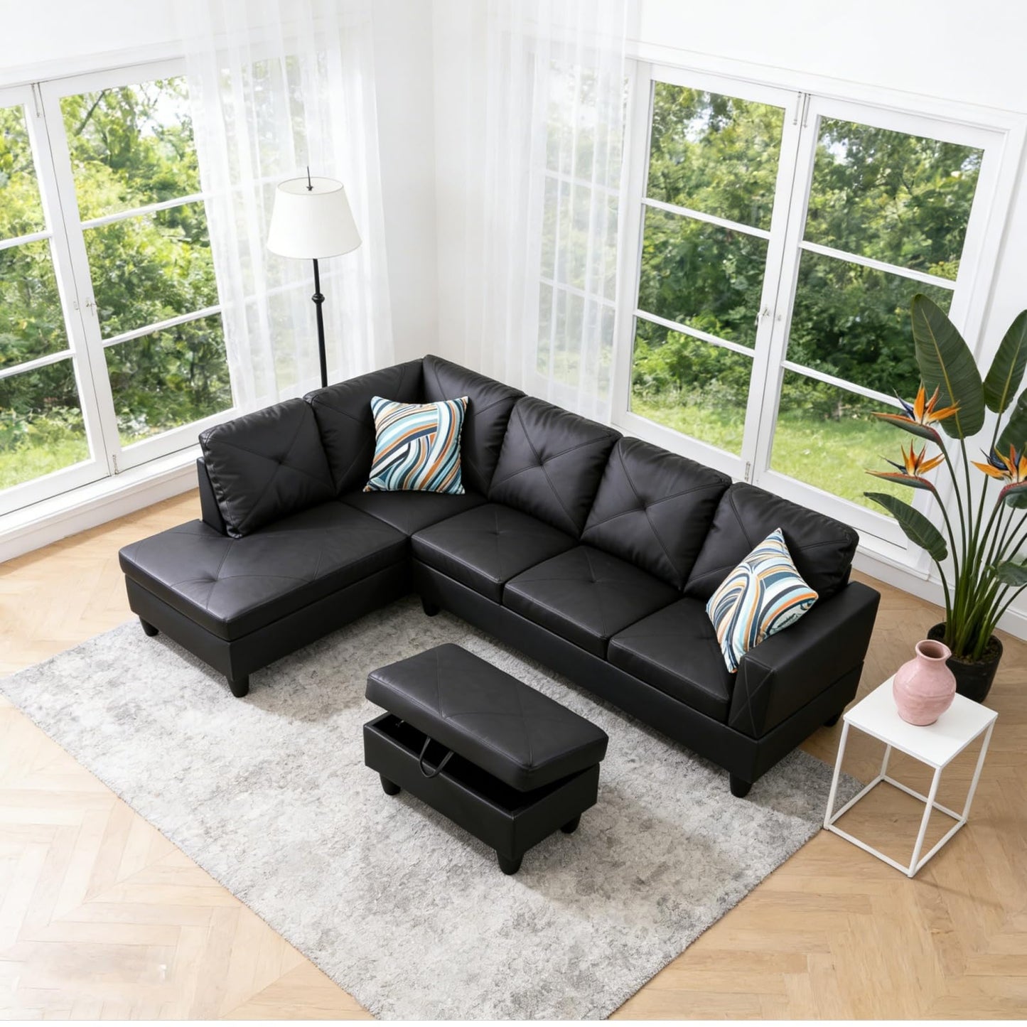 Trygoal 97 inch L-Shape Sofa with Storage Ottoman, Leather Sectional Couch with Left Chaise, Modern 3-Piece Sofa Set, Upholstered Couch Set with Solid Wood Frame for Apartment, Loft, Black