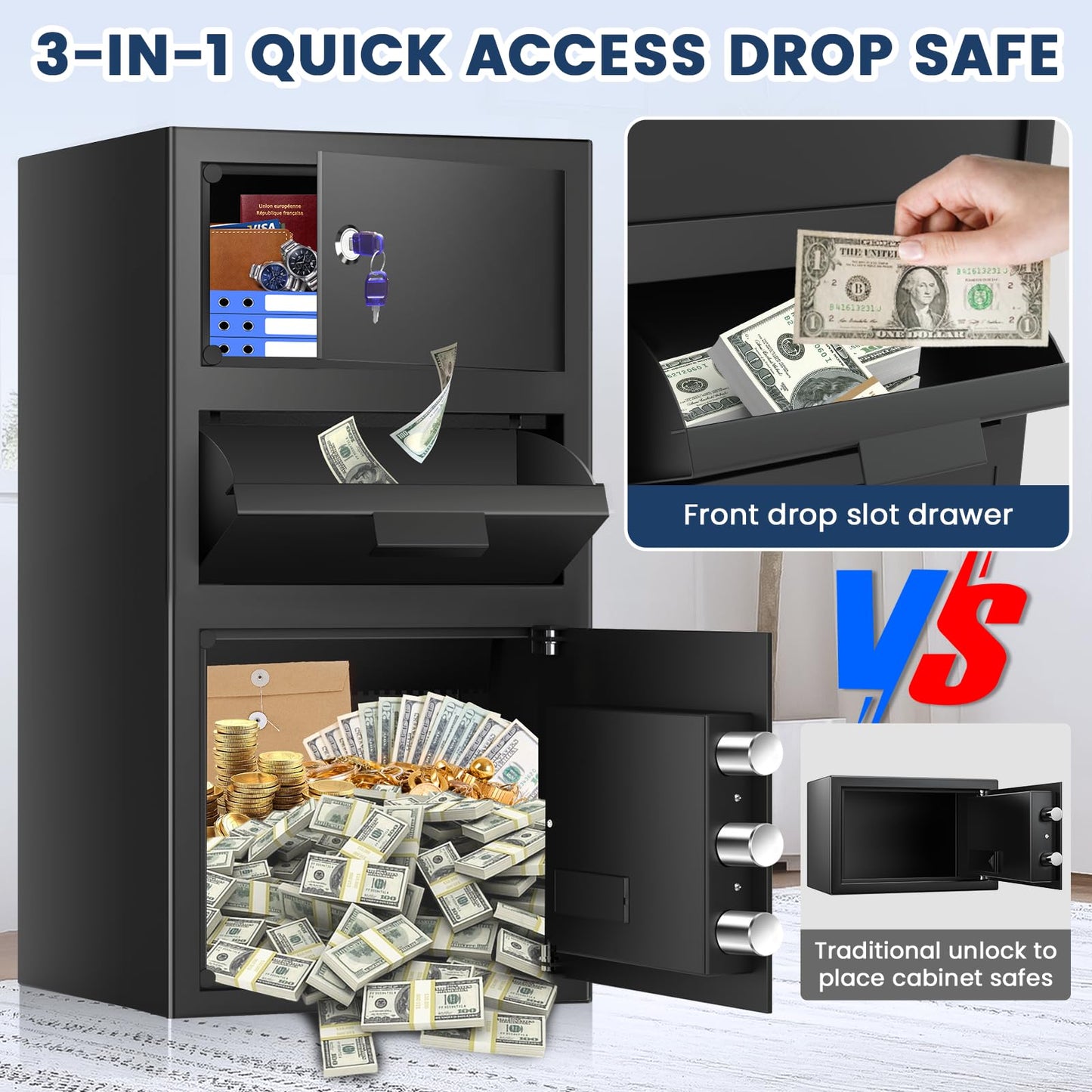 5.8 Cuft Biometric Depository Drop Safe for Business, Heavy Duty Fingerprint Safe Box with Quick Place Drop Slot, Digital Keypad and Spare Key, Drop Safes for Business Retail Mail Church