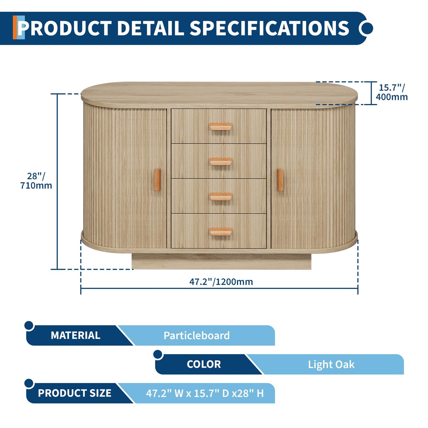 Garvee 47" Sideboard Buffet Cabinet with Storage, Fluted Coffee Bar Cabinet with 4 Drawers and 2 Arched Sliding Doors, Modern Wood Storage Buffet Table for Kitchen, Living Room- Natural Oak