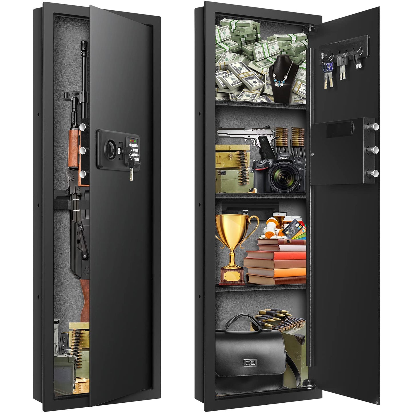 43.3" Tall Fireproof Wall Safes Between the Studs 16" Centers, Electronic Hidden Safe with Removable Shelf, Fireproof in Wall Safe for Money Jewelry Passport