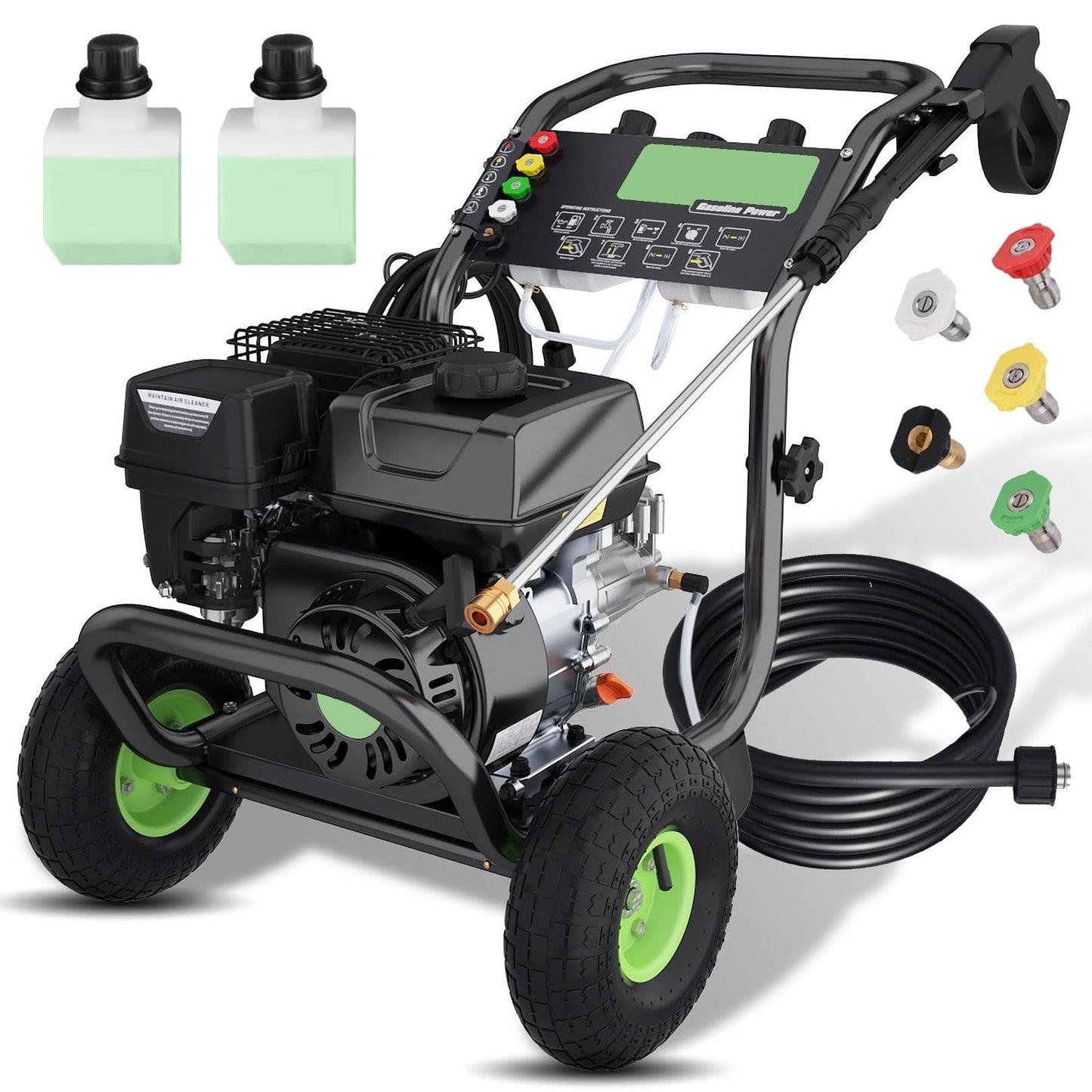 Professional 4200PSI 4GPM Gas Pressure Washer, Commercial Gas Power Washer with Foam Bottle 9" Wheels 5 Nozzles 25FT Hose for Home Car Fence Driveway Yard (EPA/CARB/ETL Compliant), Green