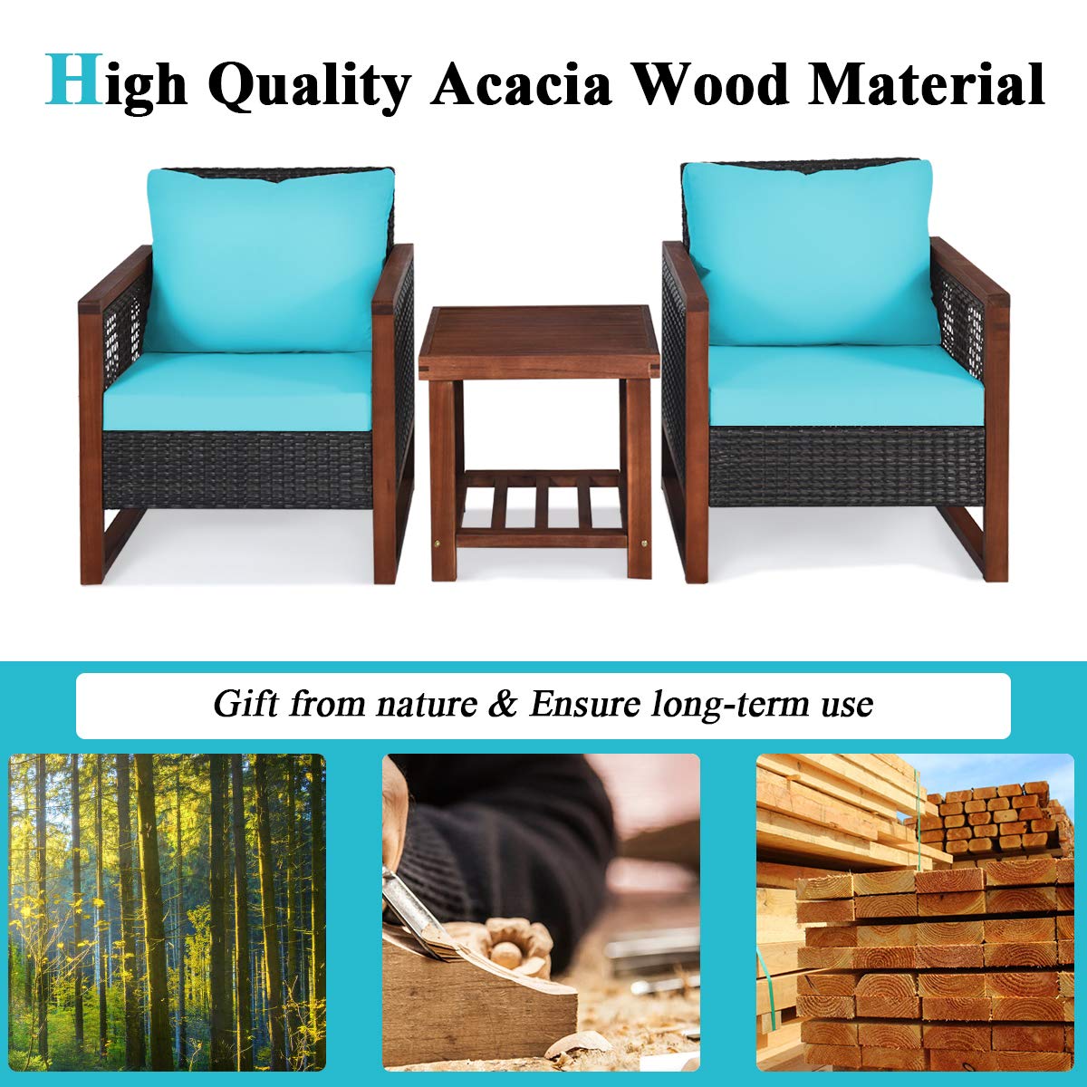 Tangkula 3 Pieces Patio Wicker Furniture Set, Rattan Outdoor Sofa Set w/Washable Cushion & Acacia Wood Coffee Table, Conversation Bistro Set for Garden Balcony Backyard (Turquoise)