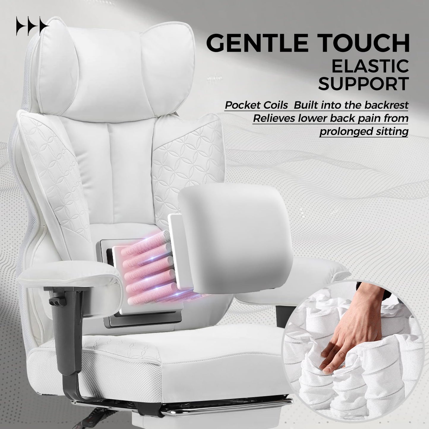 GTPLAYER Big and Tall Gaming Chair 400lbs Heavy Duty Office Chair with Foot Rest & Ergonomic Pocket Spring Lumbar Support, High Back Executive Computer Desk Chair for Lower Back Pain Relief, White