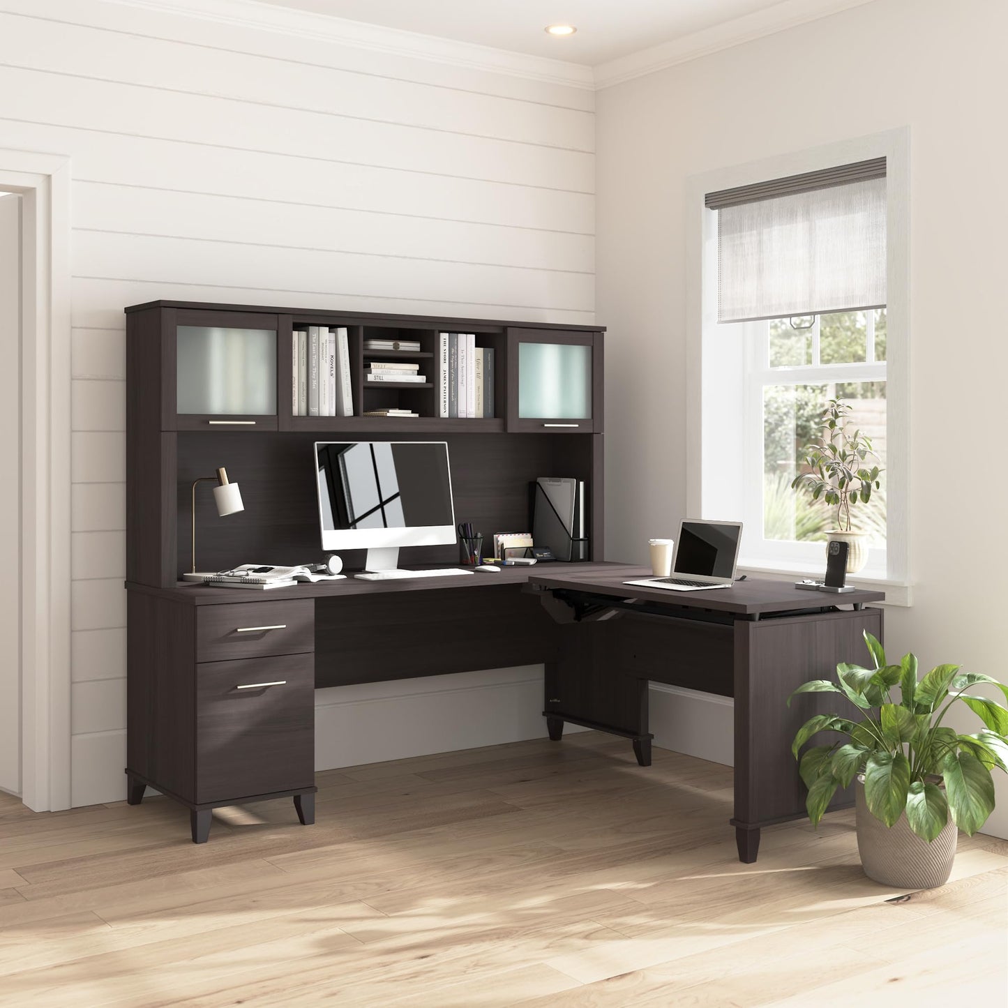 Bush Home 72-Inch L-Shaped Sit to Stand Desk with Hutch, Adjustable Height Standing Corner Computer Desk with Drawers, Shelves and Storage Cabinet, Home Office, Somerset Collection, Storm Gray