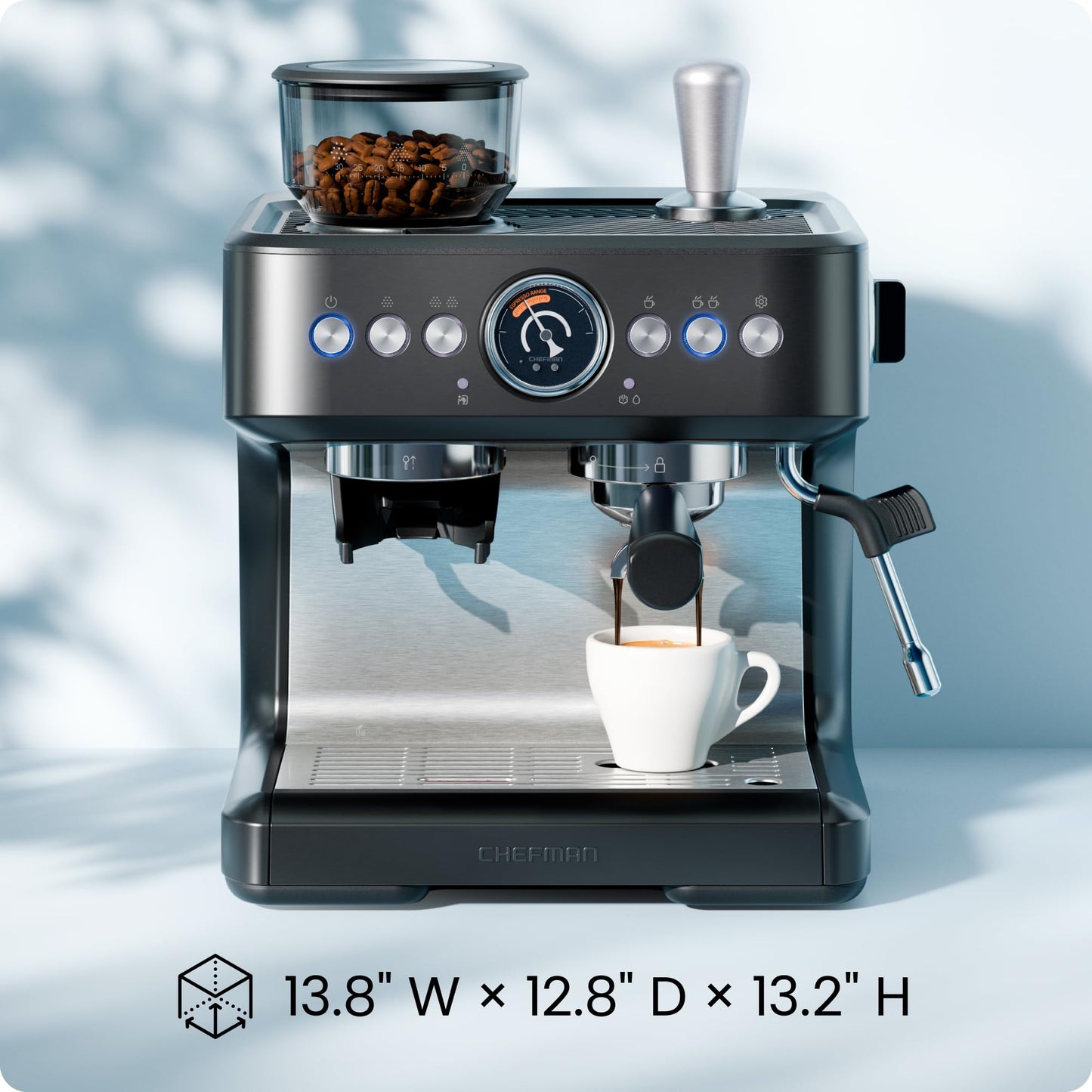 Chefman Crema Deluxe Espresso Machine with Double Boiler, Use Milk Frother and Brew Espresso Simultaneously, Professional Coffee Maker with Coffee Grinder and Steam Wand, 30 Grind Settings