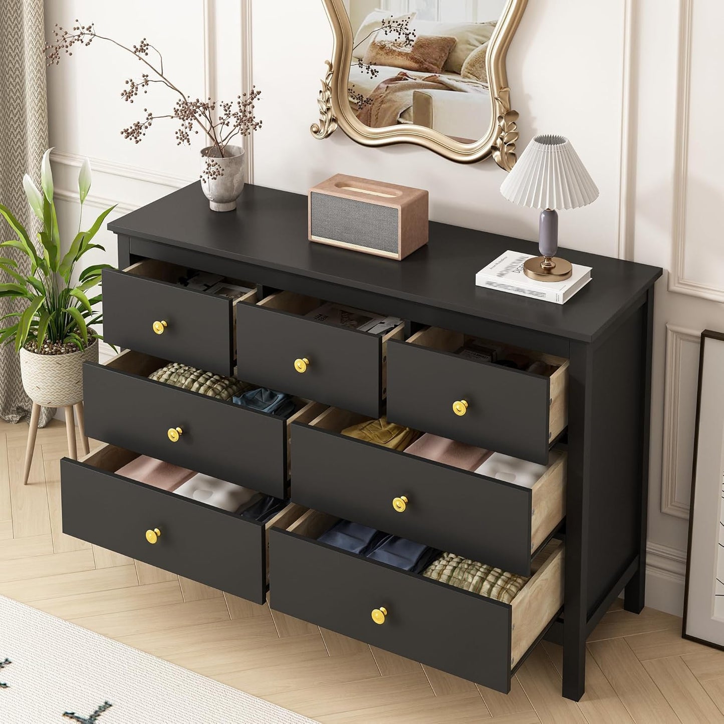 LYNSOM Black Dresser for Bedroom with 7 Drawers, 47'' Wide Modern Chest of Drawer with Gold Handles, Wood Storage Dresser TV Stand Dressers for Closet, Living Room, Kids Room, Entryway