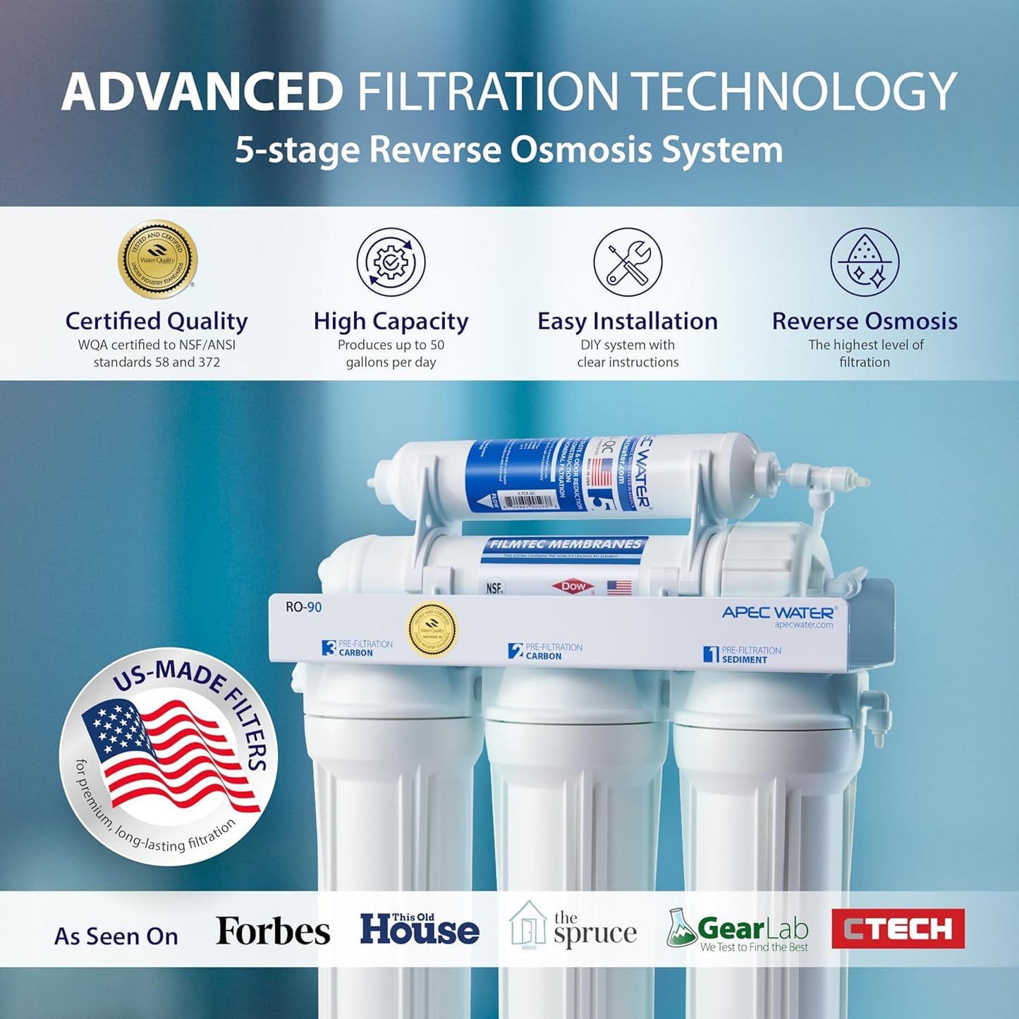 APEC Water Systems Ultimate Series Top Tier Supreme Certified High Output 90 GPD Ultra Safe Reverse Osmosis Drinking Water Filter System, Chrome Faucet