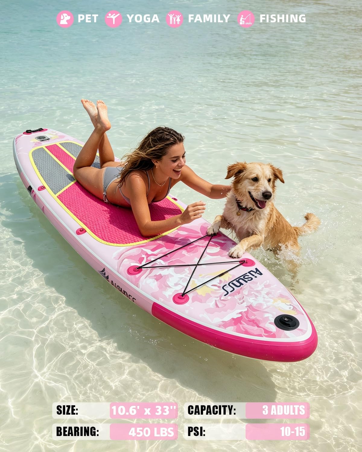 AISUNSS 10.6’ Inflatable Stand Up Paddle Board, 33’’ Wide Stance Paddle Boards with Premium Paddleboard Accessories, Double Action Pump, Removable Fin for Youth & Adults (Flowers Pink)