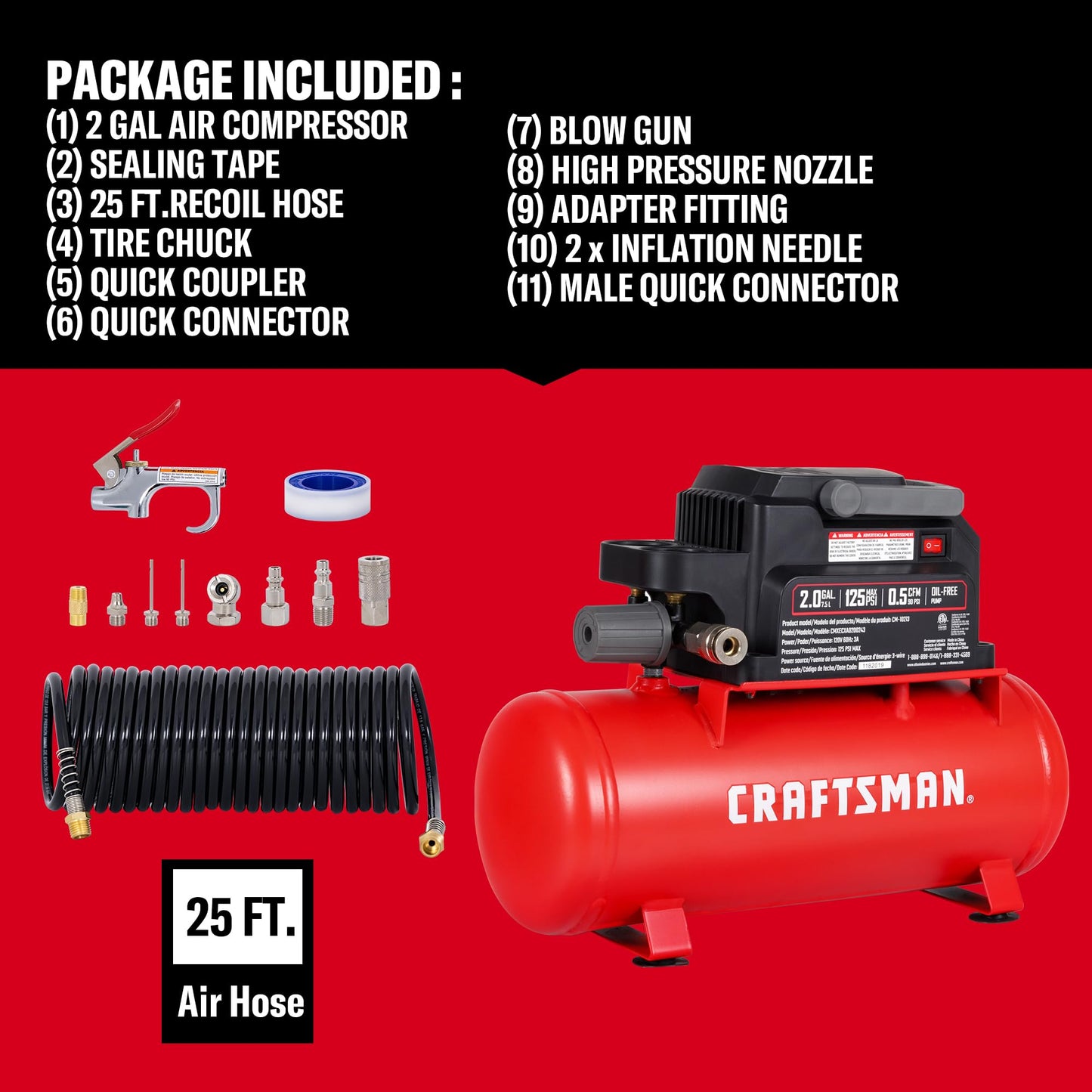 Craftsman 2 Gallon Portable Air Compressor, 1/3 HP 125 PSI Max Oil-Free Air Compressor with 11 Piece Accessory Kit, Compact Hot Dog Tank for Home DIY, Tire Inflation, Nailing, CMXECXA0200243A