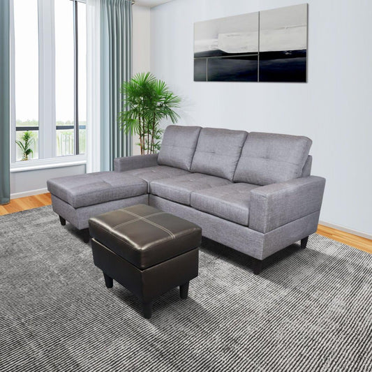 UOCFYK 3-Piece Faux Leather & PVC Sofa with Storage Ottoman with Lounge Chaise (2 Ottomans) Set, Sectional Couch Sofa Set for Living Room, Office, Small Space, Brown and Grey