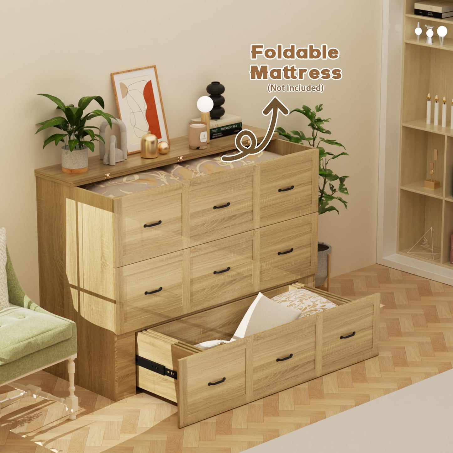 QUNTTINA Full Size Murphy Bed Wood Wall Bed Cabinet with Large Drawer Space-Saving Hidden Foldable Platform Bed Chest Mobile Cabinet Bed Frame Storage Cabinet with USB Ports for Bedroom, Guest Room