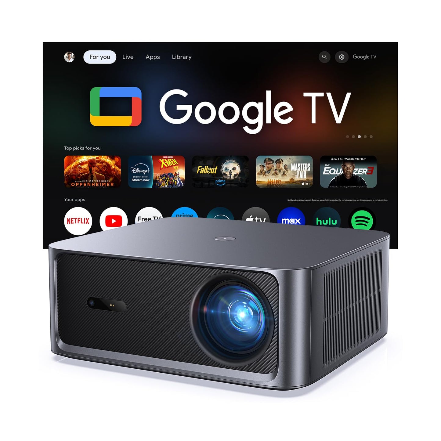 HAPPRUN 3000 ANSI Lumens Outdoor Projector with Official Google TV, 4K Supported Smart Movie Projector, Dolby Audio, Auto Focus & Keystone, WiFi 6 and Bluetooth for Indoor & Outdoor Movies,Black