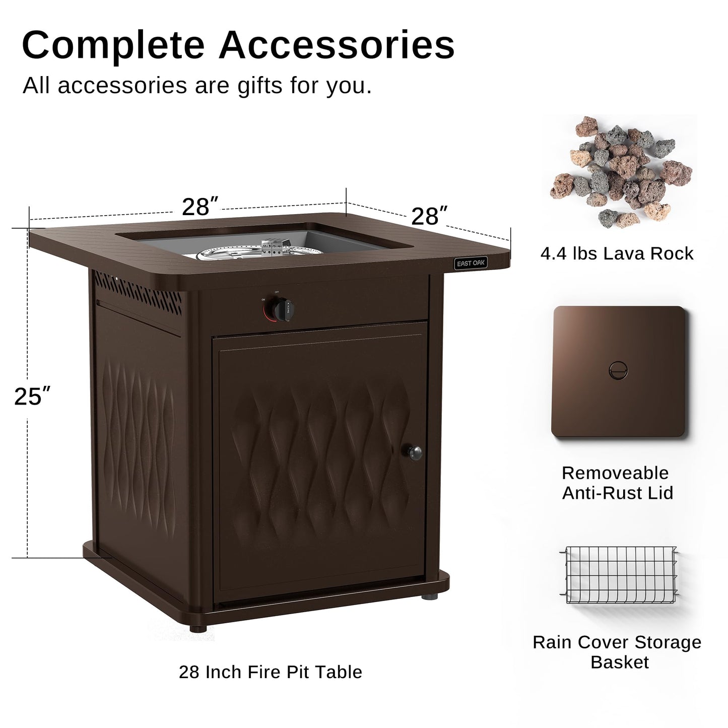 EAST OAK 28'' Propane Fire Pit Table, 50,000 BTU Steel Gas FirePit for Outdoor, Outside Patio Deck and Garden, CSA Certified Fire Table with Magnetic Lid, Cover-Storage Basket and Lava Rock , Brown