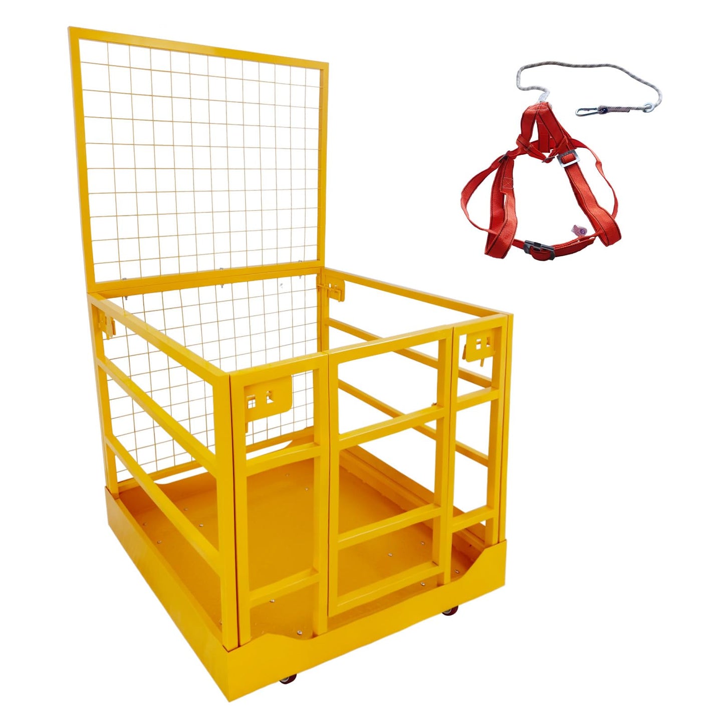 43"X45" Forklift Safety Cage with 4 Wheels, Forklift Man Basket Work Platform 1400 LBS Load Capacity, Collapsible Lift Basket with Safety Strap for Aerial Work Lifting Loader