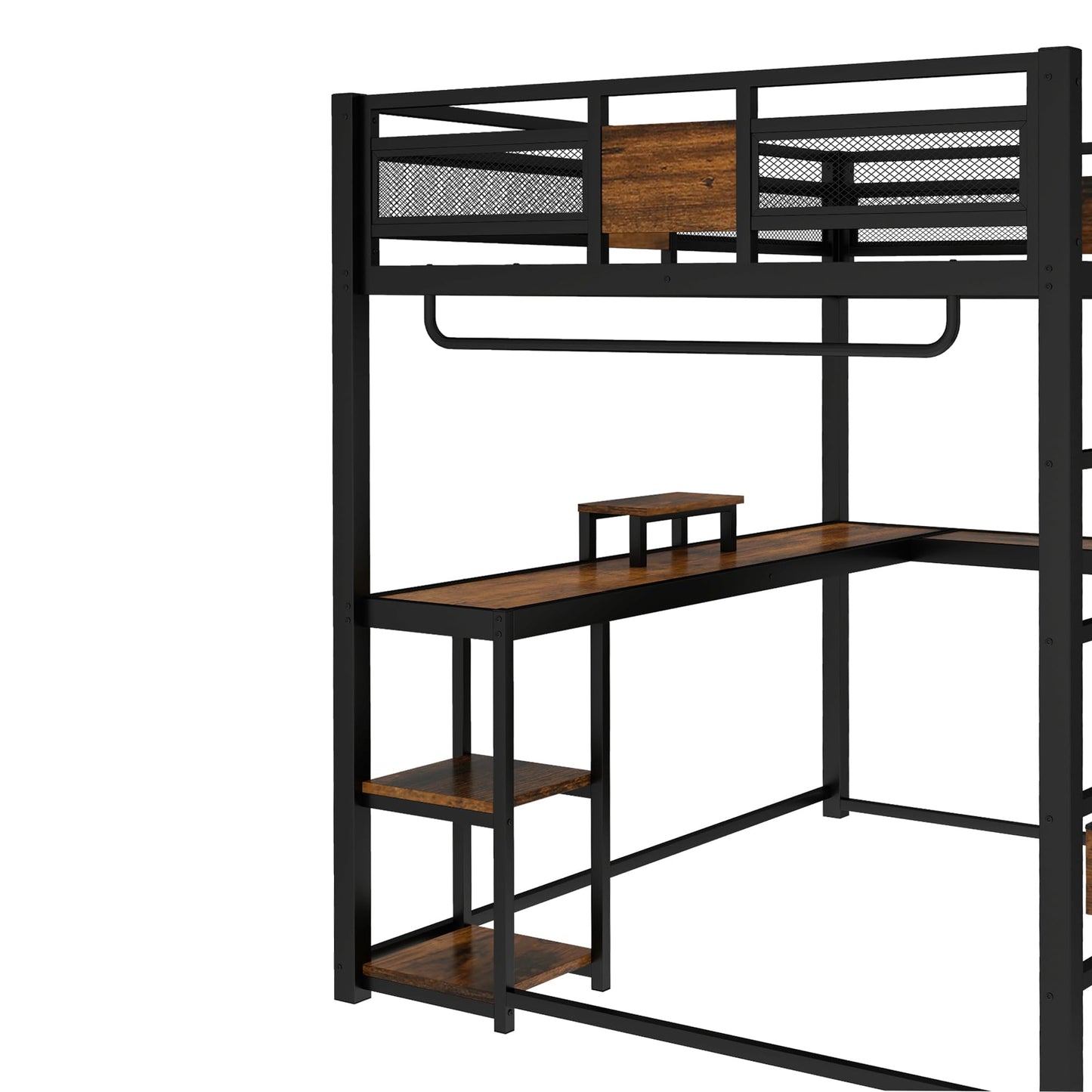 Bellemave Queen Loft Bed with L-Shaped Desk and Storage Drawers, Queen Size Loft Bed Frame with Computer Monitor Stand, Corner Shelf and Hanger Rod, Adults Loft Beds Nosie-Free, Black