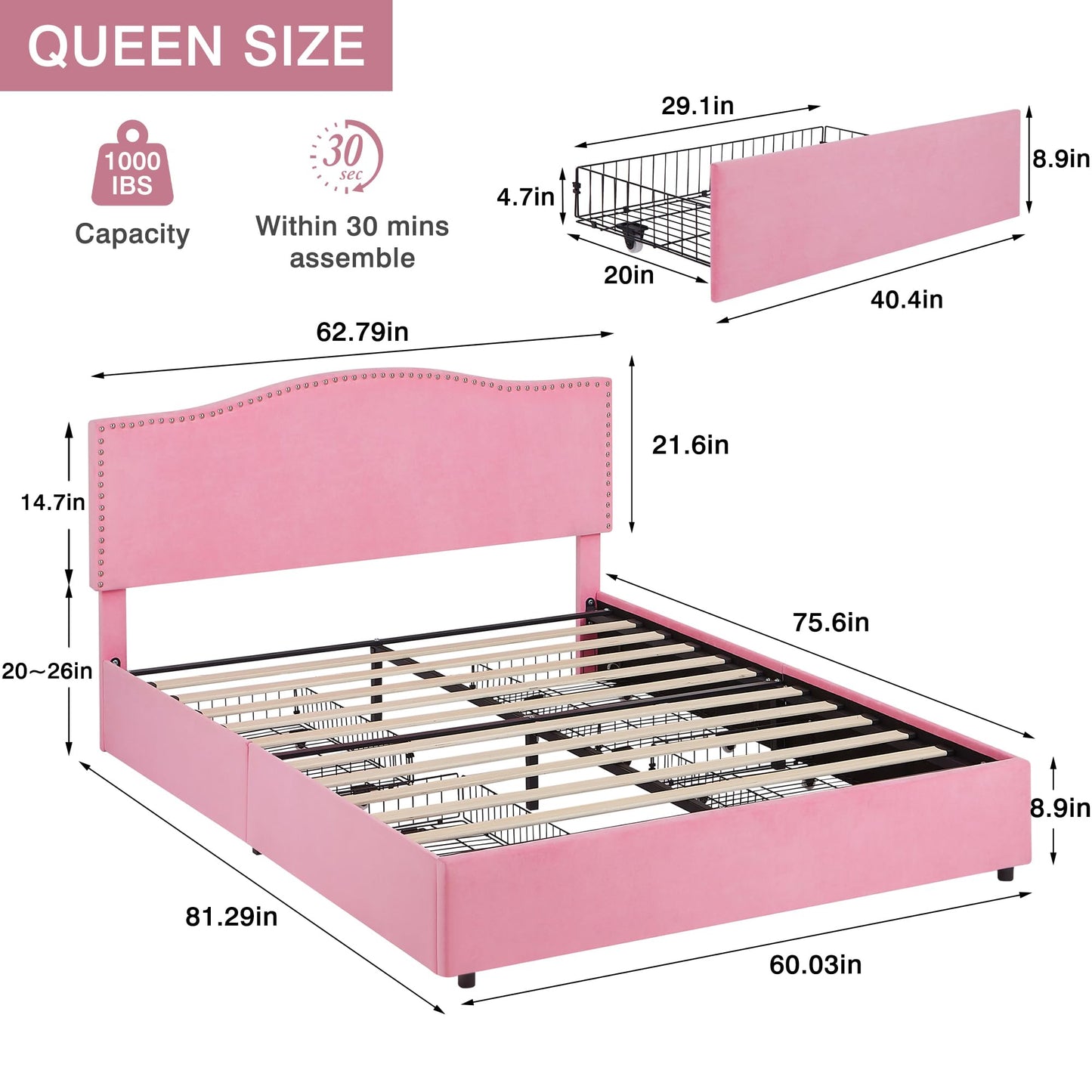 VECELO Queen Bed Frame, Platform Bed Frame with Underbed Storage Drawers and Adjustable Height Upholstered Headboard, Heavy-Duty Frame and Strong Wooden Slats Support, Noise-Free, Easy Assembly, Pink