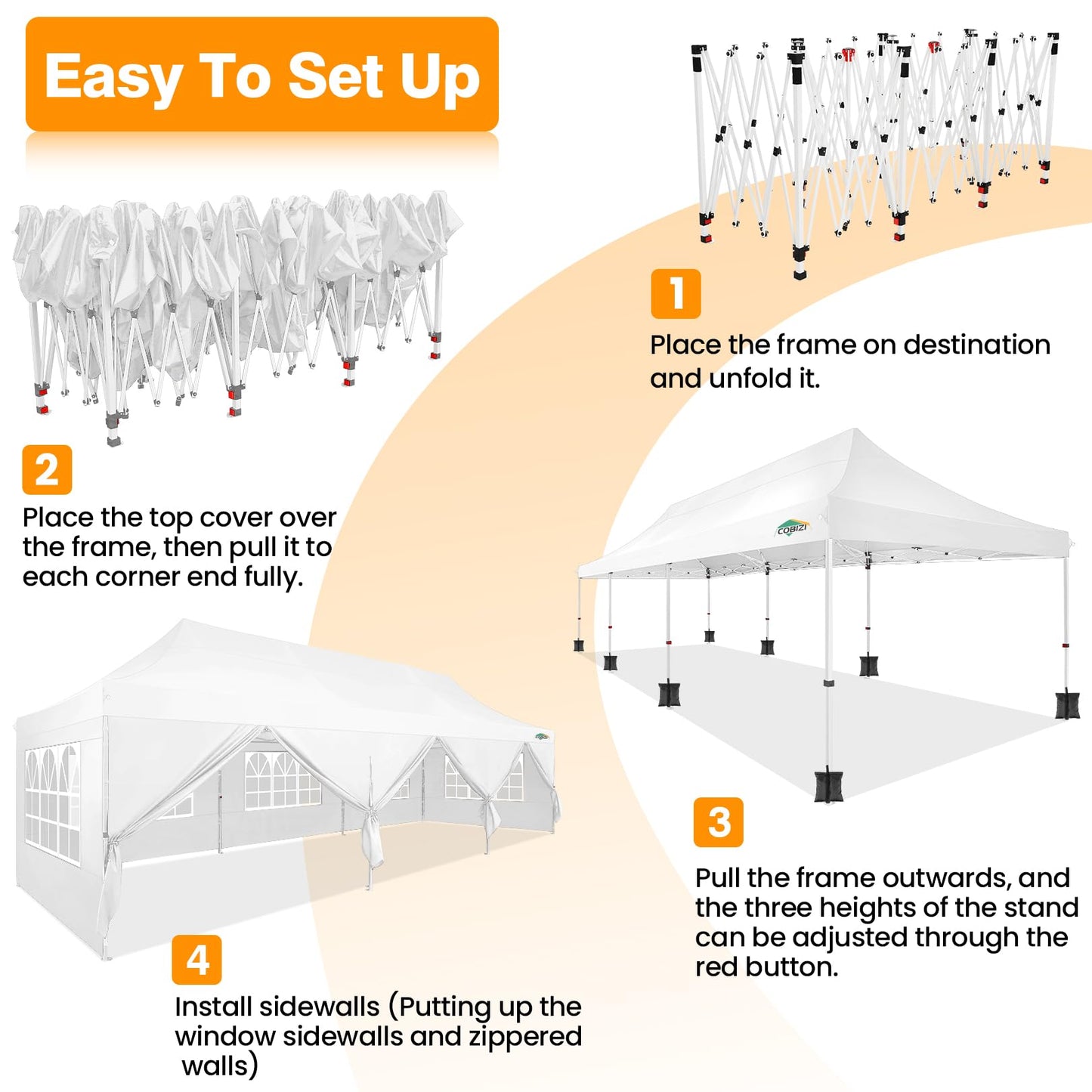 COBIZI 10x30 Pop up Canopy with Roller Bag & 8 Removable Sidewalls, Canopy Tent for Parties, Wedding, and Commercials, Waterproof and Instant Shelter UV50+ Outdoor Gazebo with 4 Sandbags(Pure White)