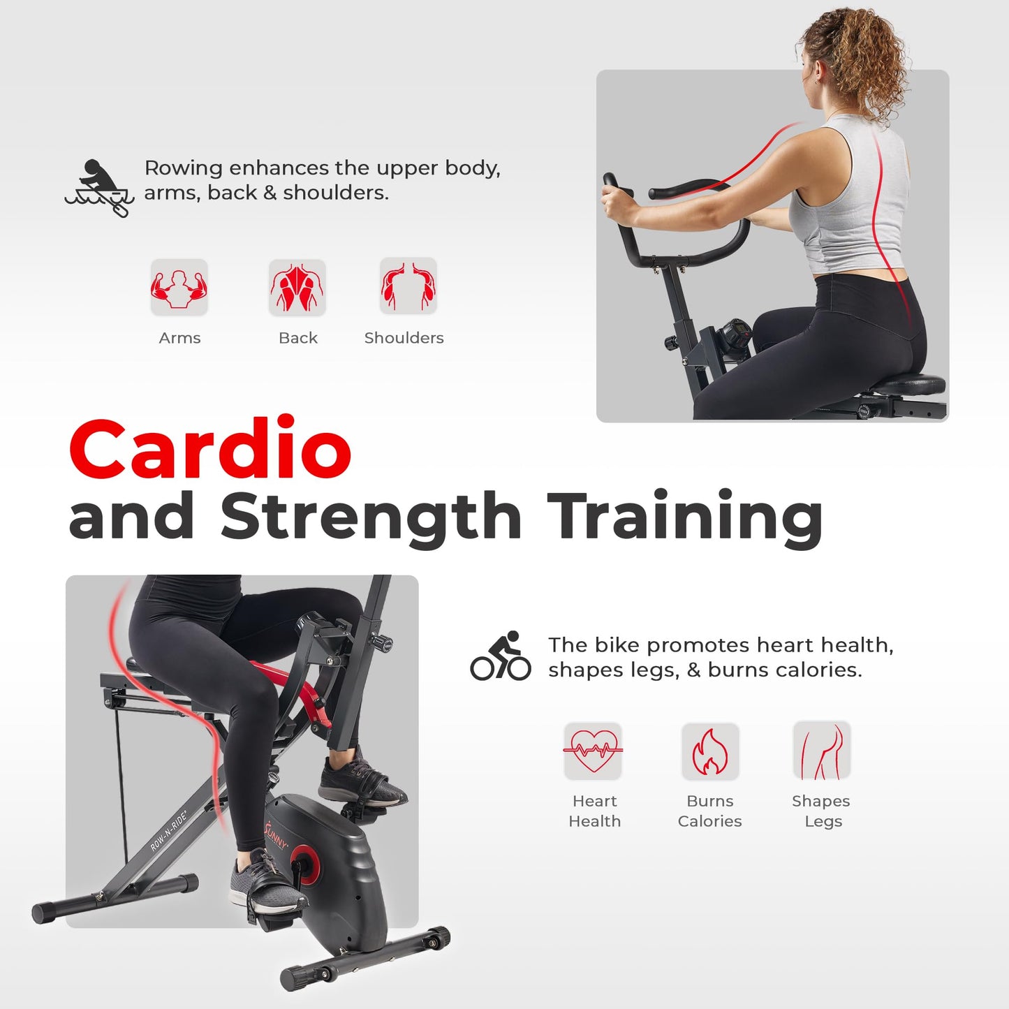 Sunny Health & Fitness Upright Bike + Row-N-Ride Dual Function Home Rower Squat Machine & Stationary Cycling Full Body Combo Cardio Ab Machine for Stomach Workout Fitness Machine - SF-A022077