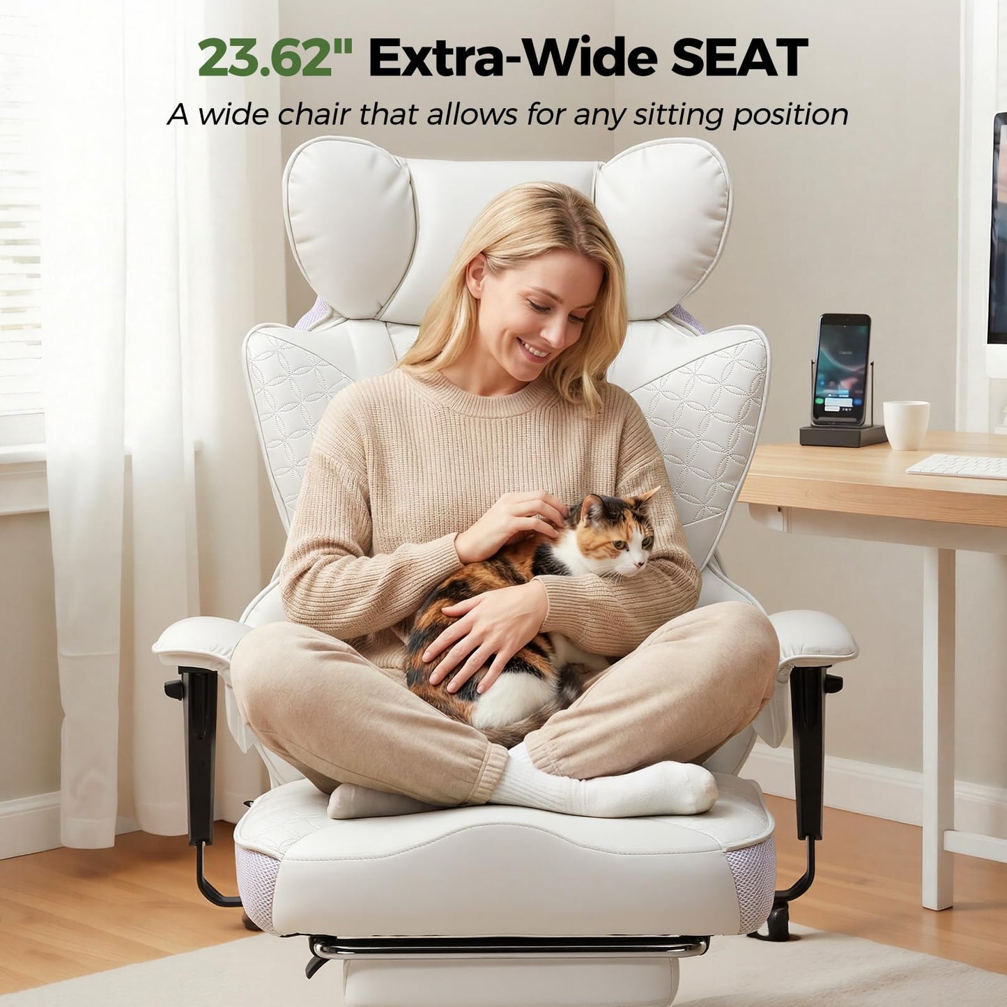 GTPOFFICE Big and Tall Office Chair 400LBS Wide Seat Computer Gaming Chair with Footrest & Comfy Lumbar Support, Leather High Back Executive Chair with Ergonomic Pressure Relief Seat Cushion, White