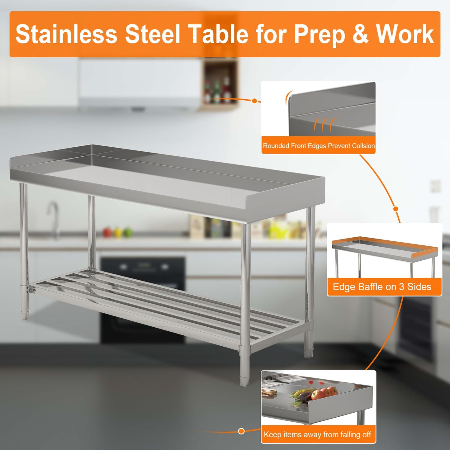 ActiveTrail Stainless Steel Work Table,24"X48" NSF Commercial Kitchen Prep Table with Backsplash & Adjustable Shelf,Heavy Duty Workstation for Restaurant, Home & Hotel