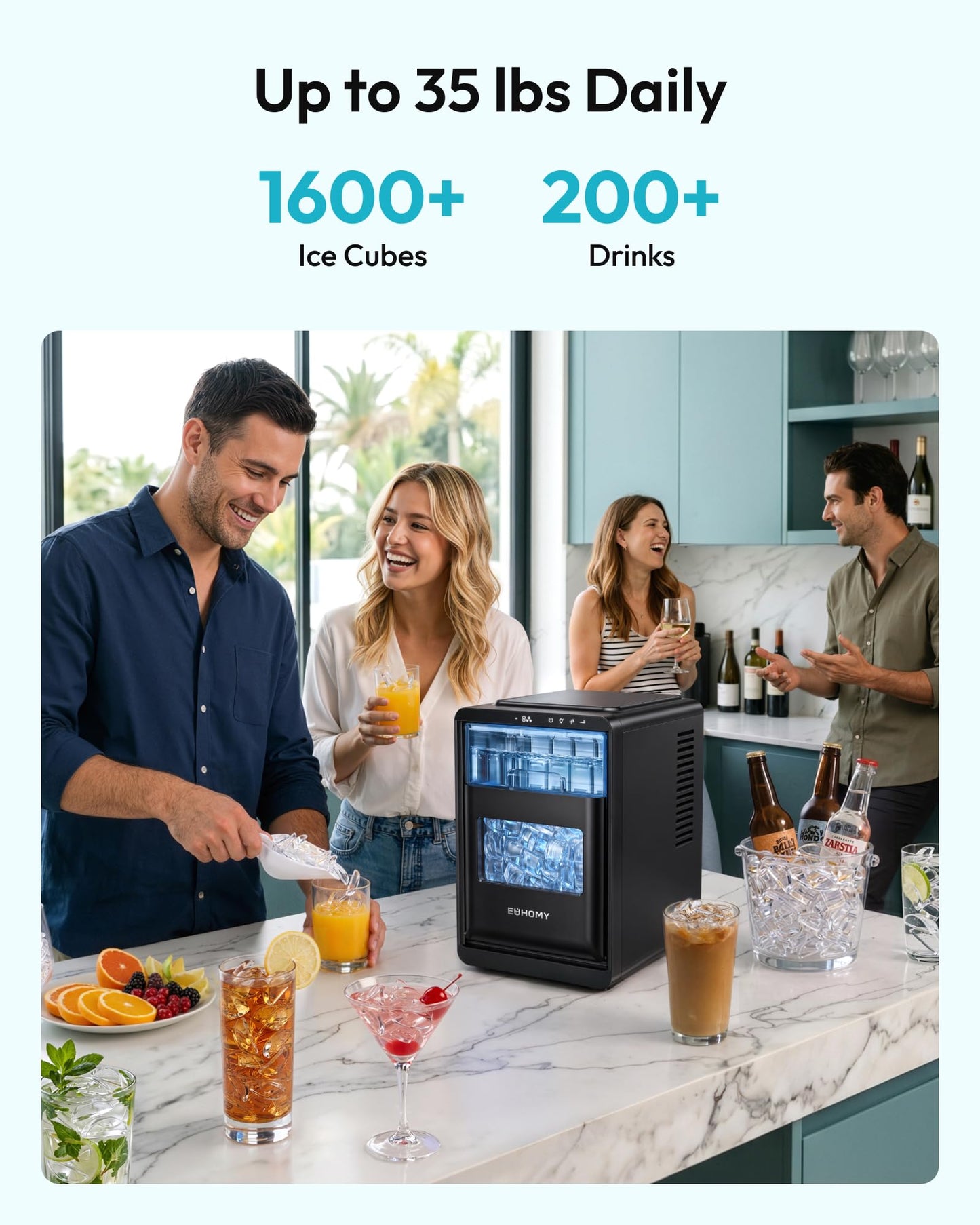 EUHOMY Countertop Crescent Ice Maker, 16Pcs in 12Mins, 35Lbs/24H, Auto Deep Cleaning, Timer, Adjustable Ice Thickness, Portable Ice Cube Maker for Whiskey/Coffee/Soft Drinks