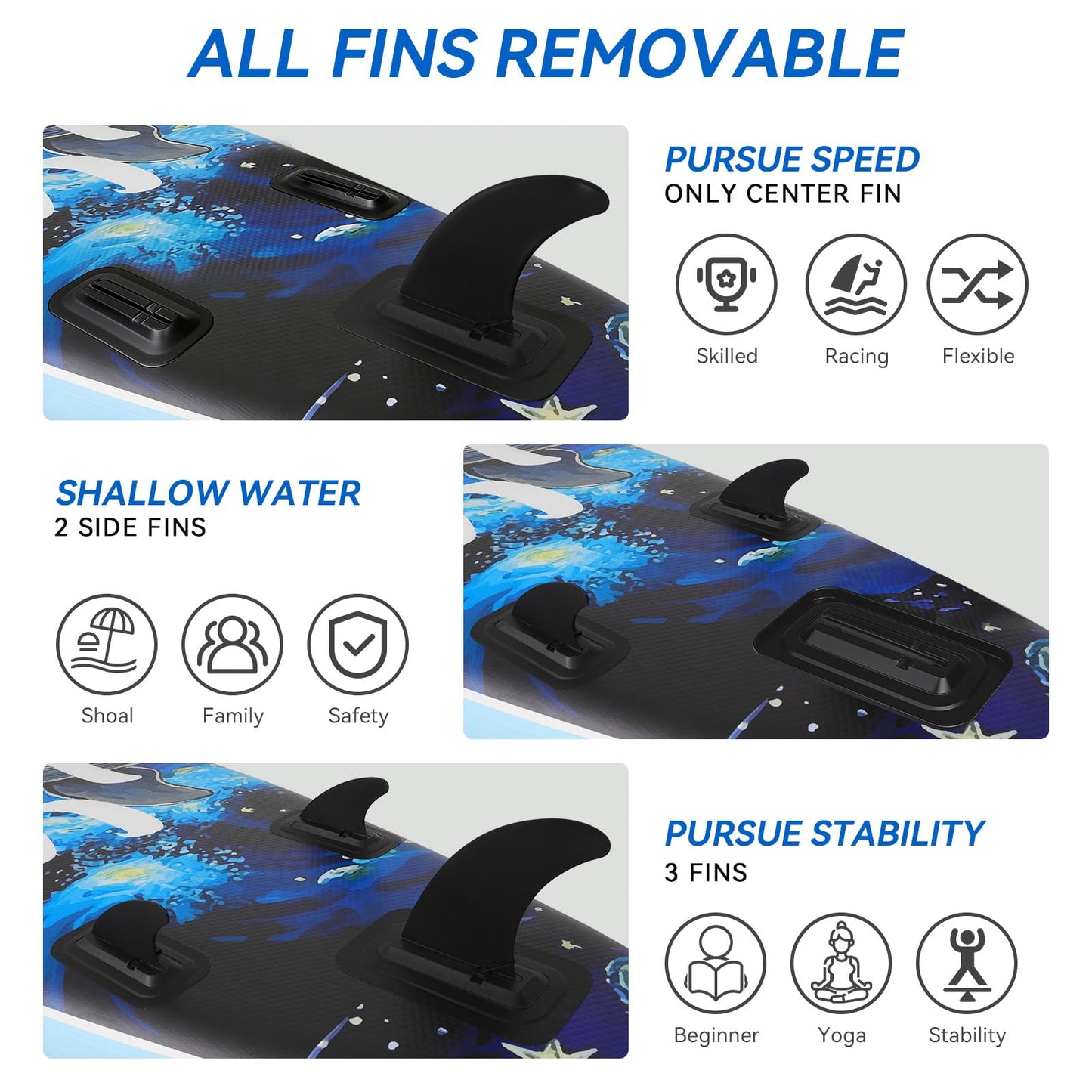 YUSING Inflatable Paddle Board with Seat, 11' x 33'' x 6" SUP, Paddle Boards for Adults, Non-Slip Deck SUP Paddle Board with Premium Kayak and SUP Accessories,3 Removable Fins (Starry Sky Blue)
