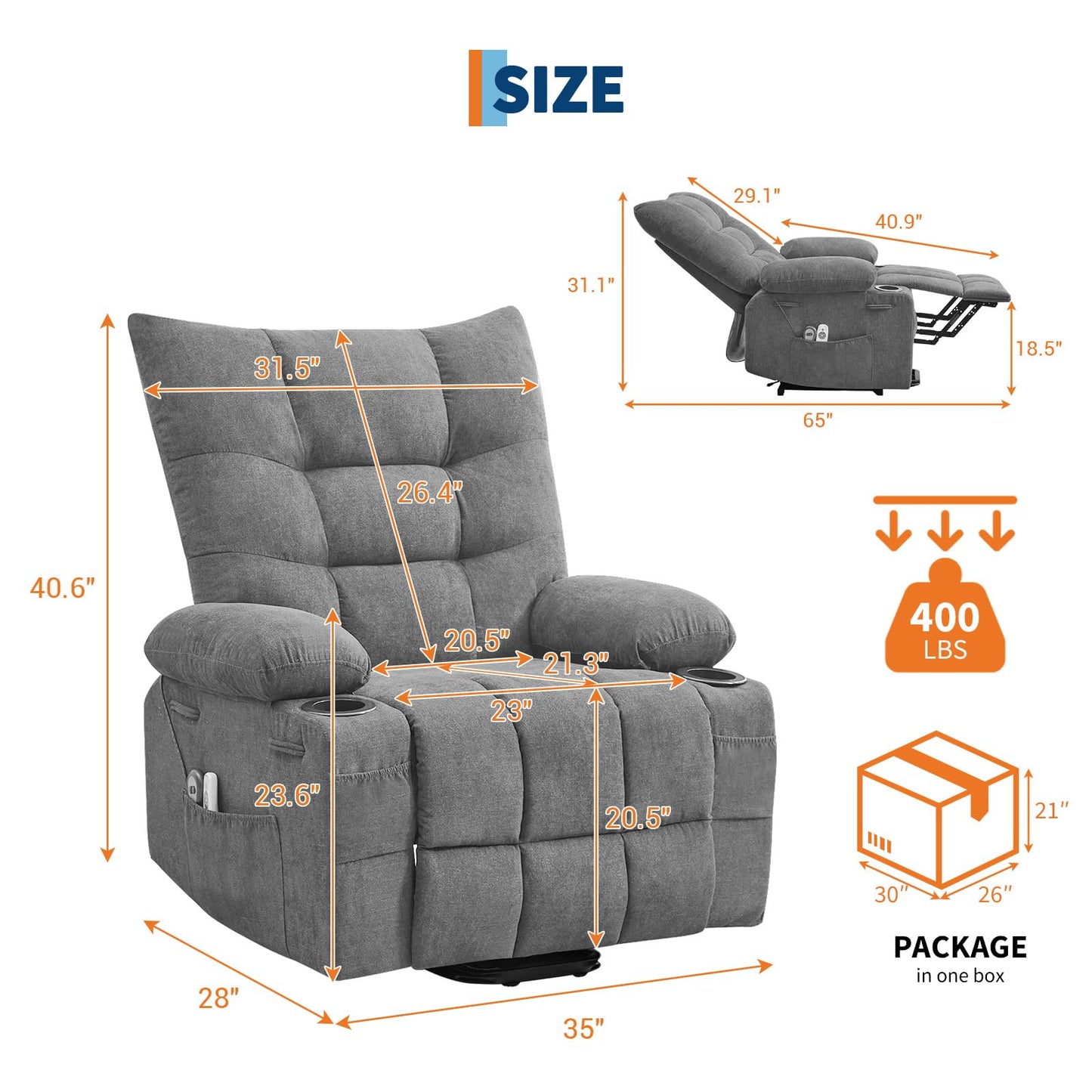 GarveeHome Power Lift Recliner Chair for Elderly with Massage and Heat, Oversized Electric Massage & Heat Recliner with Soft Padded Upholstery, Side Pocket & Cup Holders for Living Room, Gray